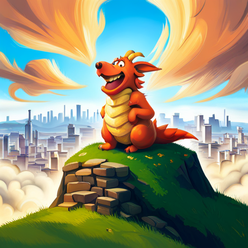 Zog sits on a hill overlooking a city, with a big smile on his face