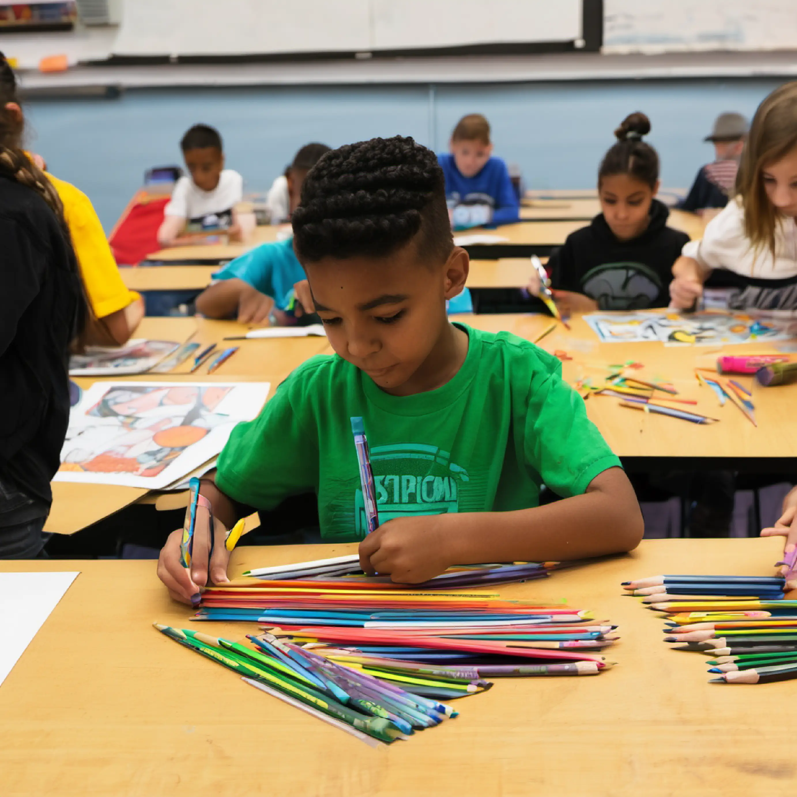 Students craft makeshift pencils from materials.