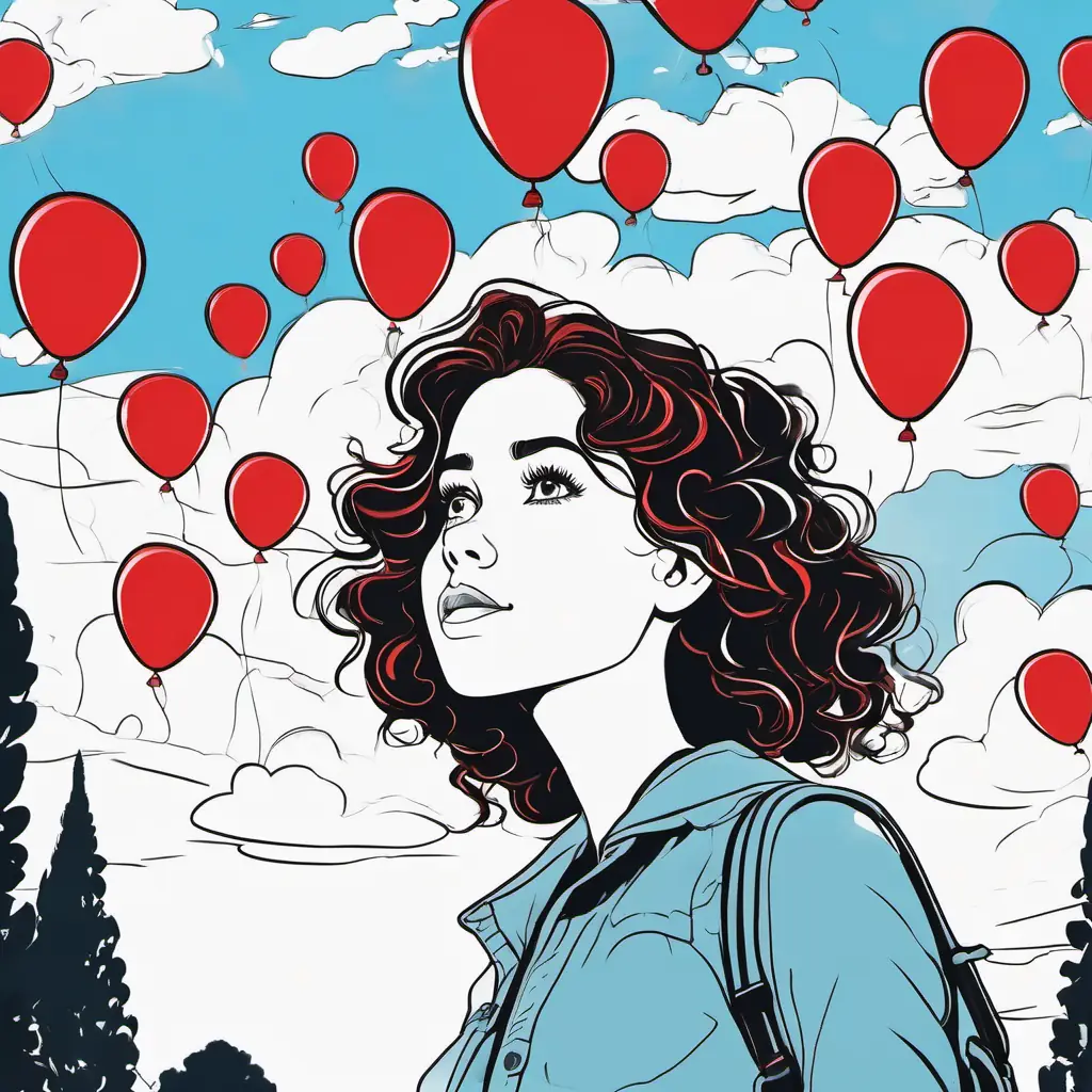 Smart girl with curly brown hair and bright blue eyes standing in the park, looking up at the sky filled with red balloons.