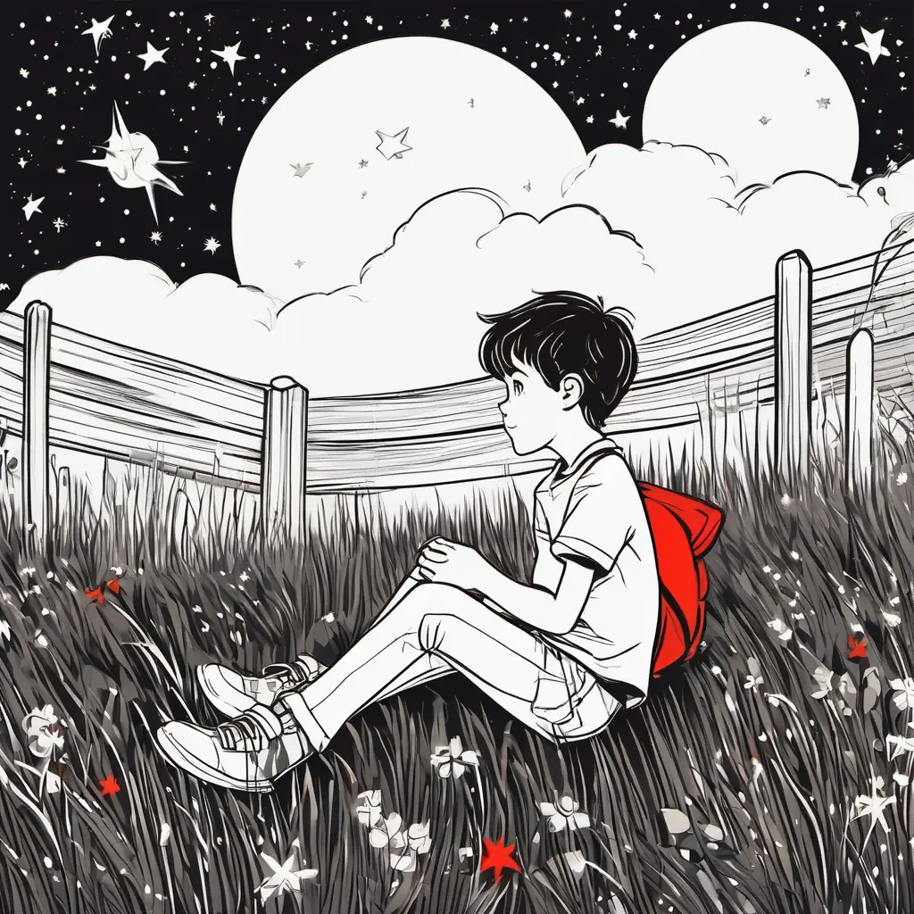 Curious boy with short brown hair and hazel eyes lying on the grass, gazing at the starry night sky and counting the twinkling stars.