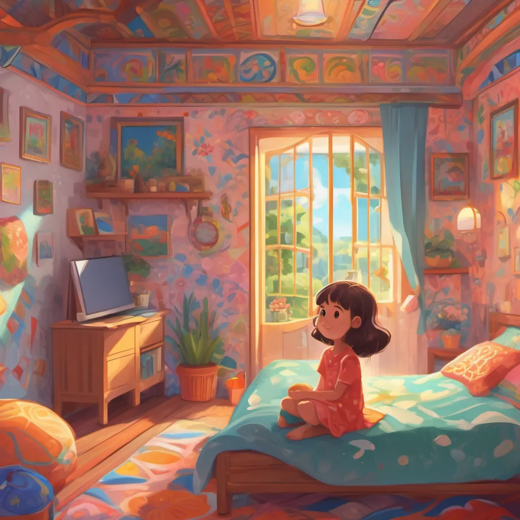 a happy little girl waking up in a cheerful bedroom decorated with bright colors and whimsical patterns