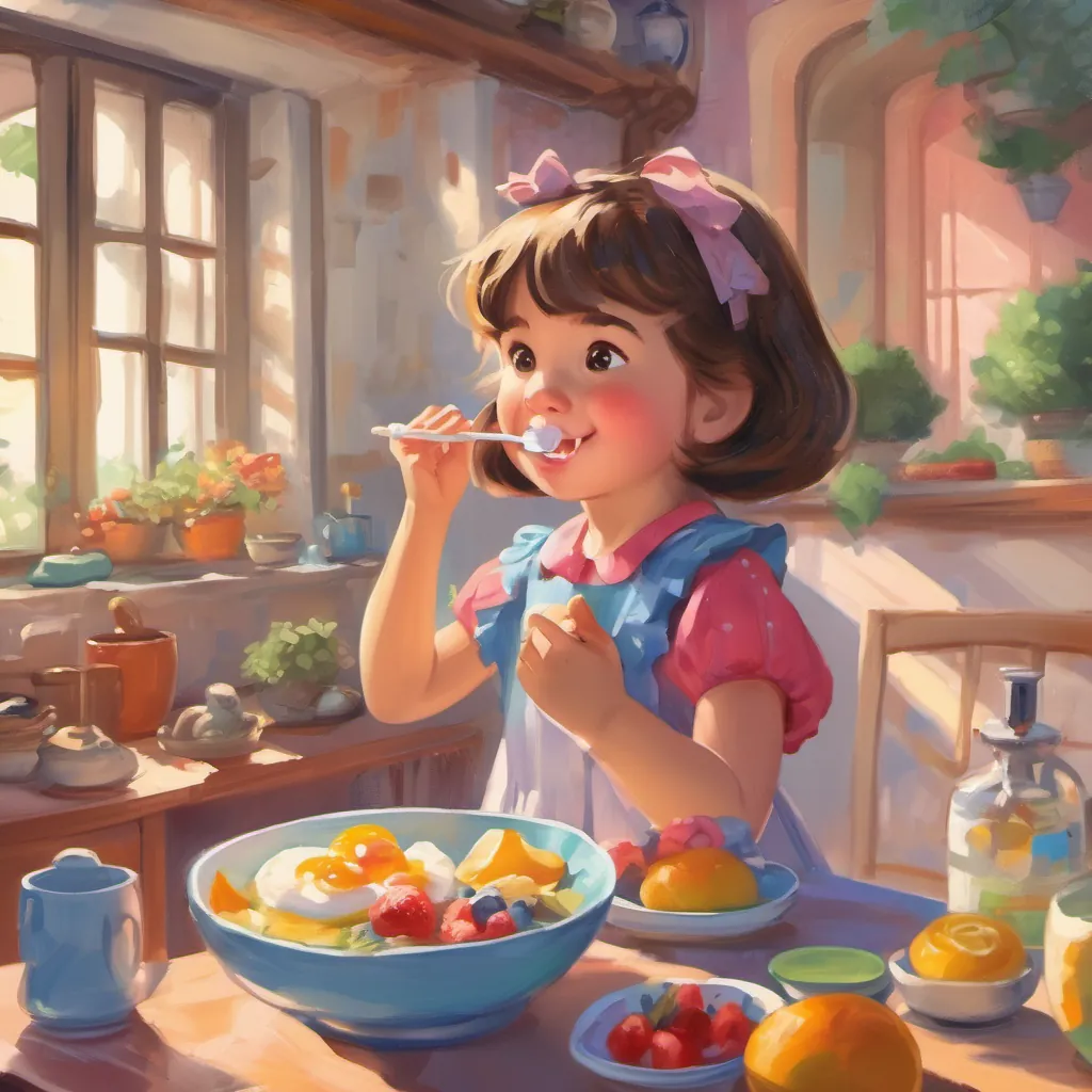 a little girl brushing her teeth, getting dressed in a colorful dress, eating breakfast with excitement