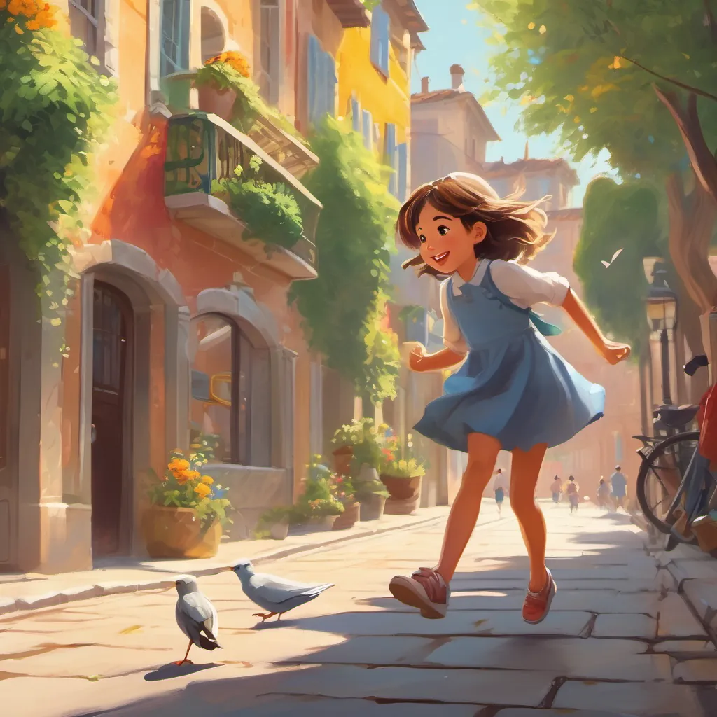 a bright sunny morning with birds singing and a cheerful little girl skipping joyfully on the sidewalk