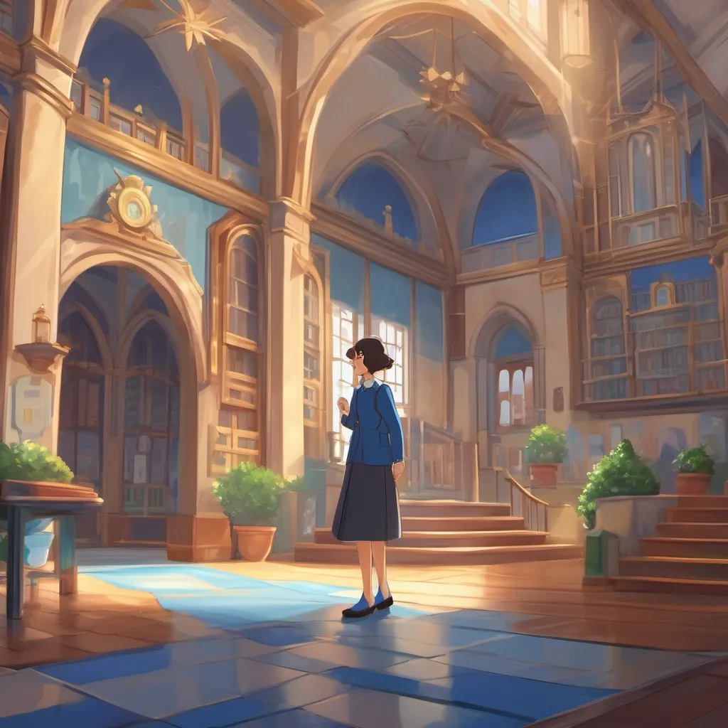 a grand, castle-like school building with a warm and welcoming female teacher with shiny blue shoes