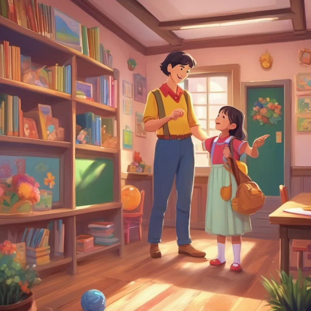 a cheerful teacher welcoming a little girl into a brightly colored and orderly classroom brimming with friendly faces