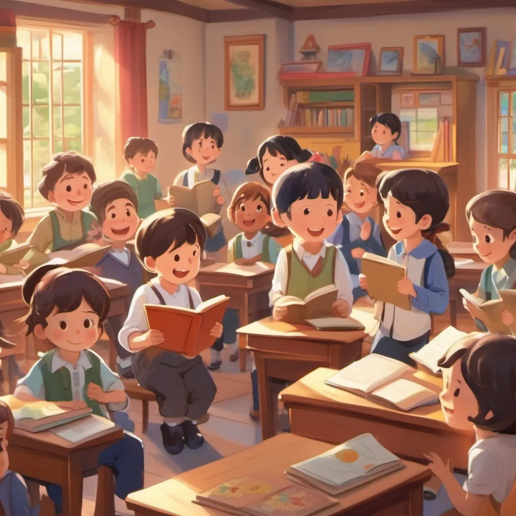 a classroom scene with children singing, clapping, hopping, and reading together happily