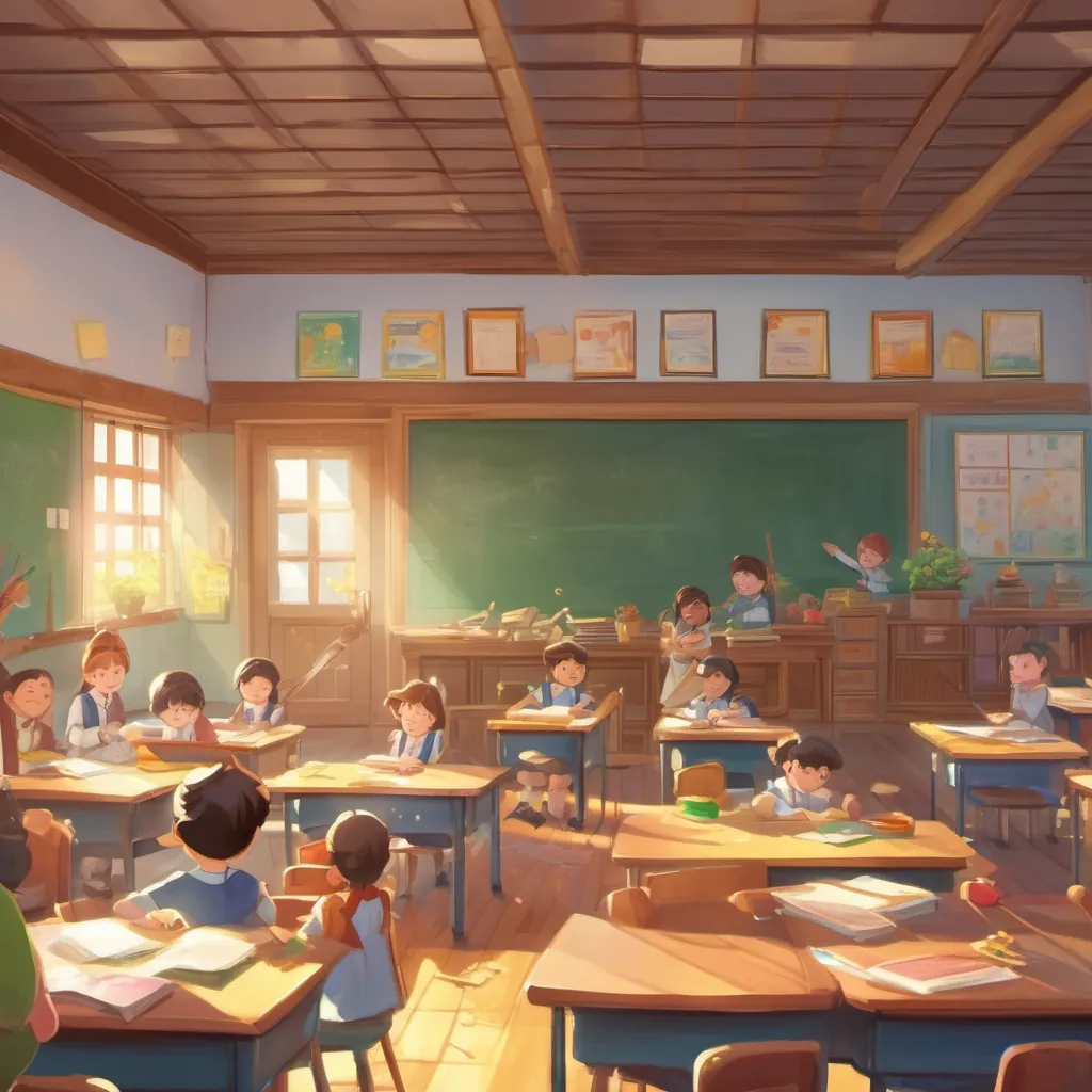 a bustling classroom at the end of a happy school day with children cleaning up and a teacher praising them