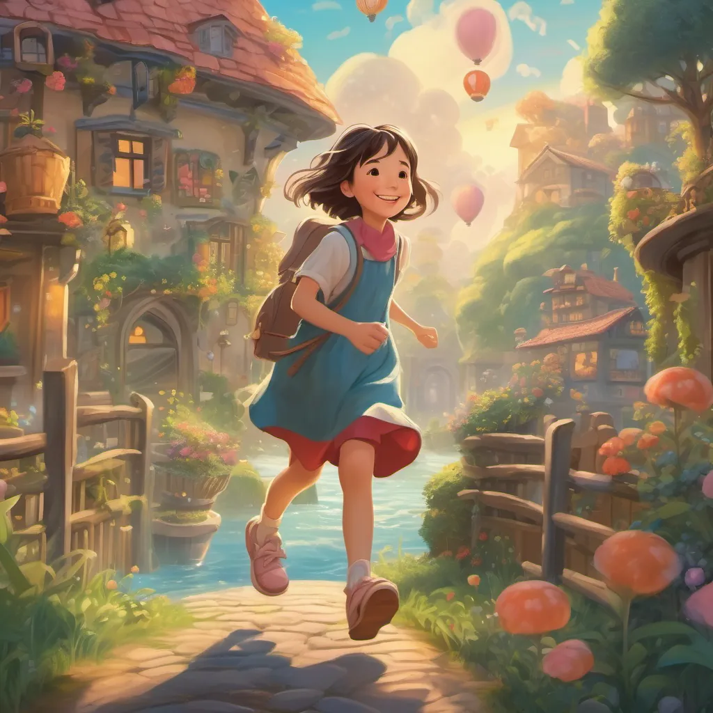 a little girl joyfully skipping home with a big smile, surrounded by dreamy and magical imagery