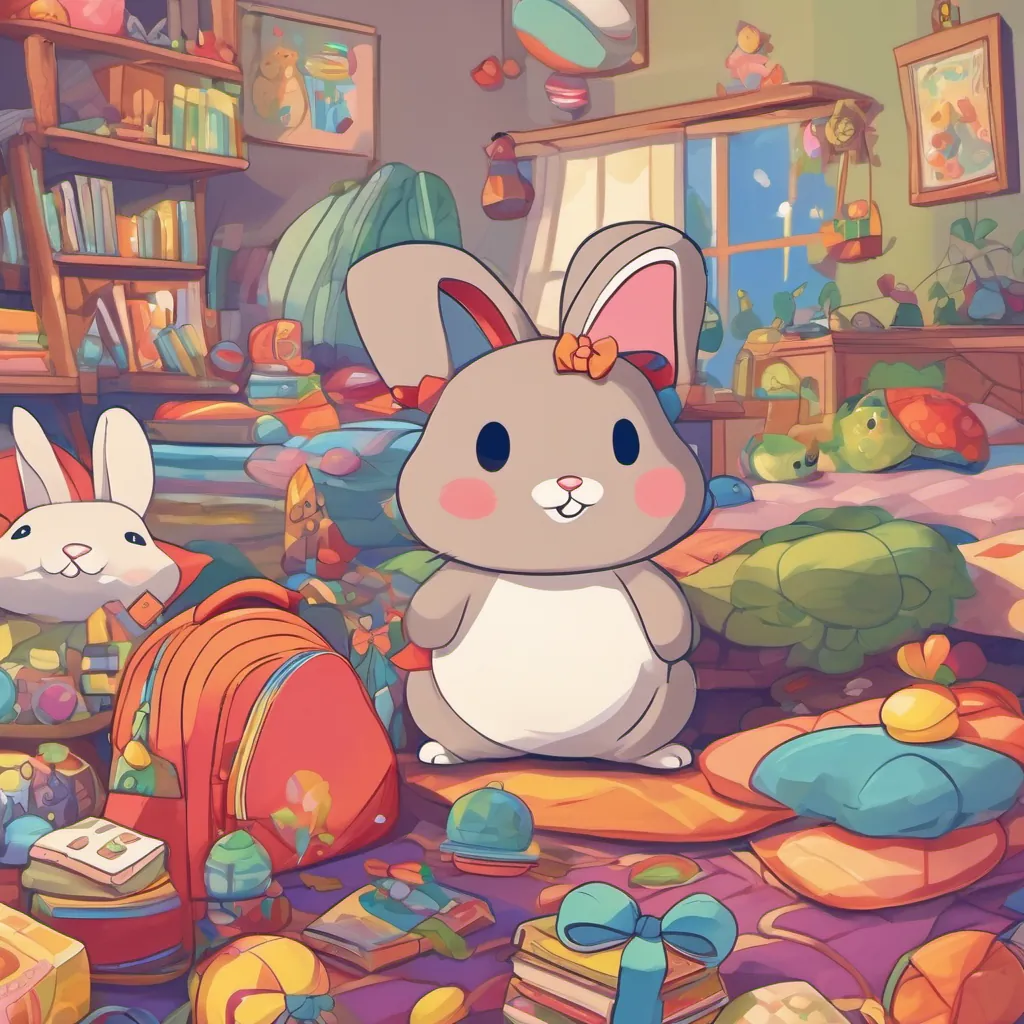 A cheerful bunny, A cheerful bunny with floppy ears, wearing a new backpack and a bright bow, full of energy and excitement, waking up energetically, with floppy ears and a big smile, in a colorful bedroom filled with toys, and a new backpack and bow on the bed.