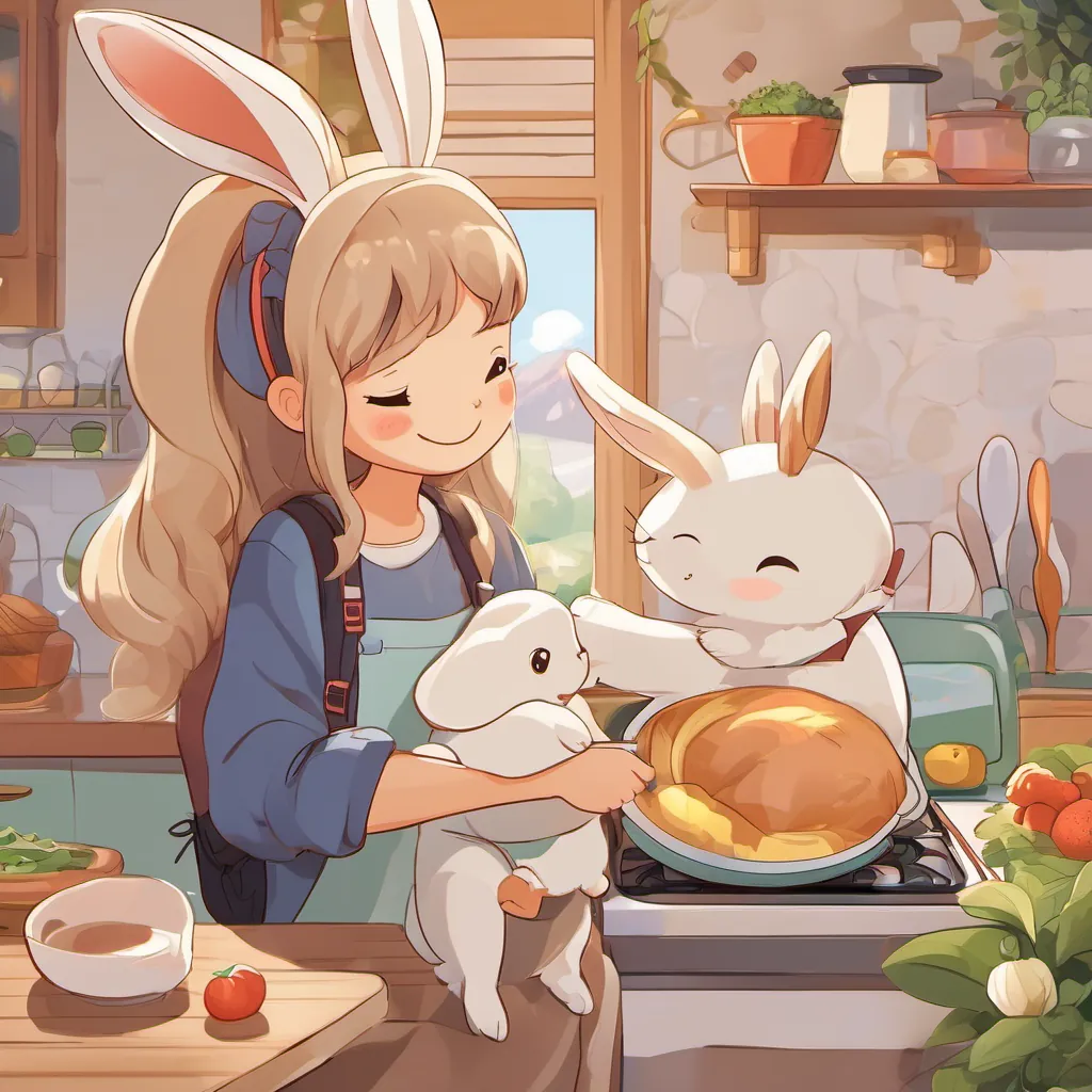 A warm and caring bunny, radiating motherly love, often seen with a comforting smile comforting A cheerful bunny with floppy ears, wearing a new backpack and a bright bow, full of energy and excitement with words of encouragement, both smiling warmly in a cozy kitchen filled with morning light.