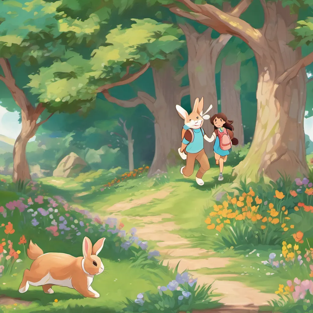 A cheerful bunny with floppy ears, wearing a new backpack and a bright bow, full of energy and excitement running into A warm and caring bunny, radiating motherly love, often seen with a comforting smile's arms for a hug, both smiling warmly, standing under a big tree near their cozy burrow.