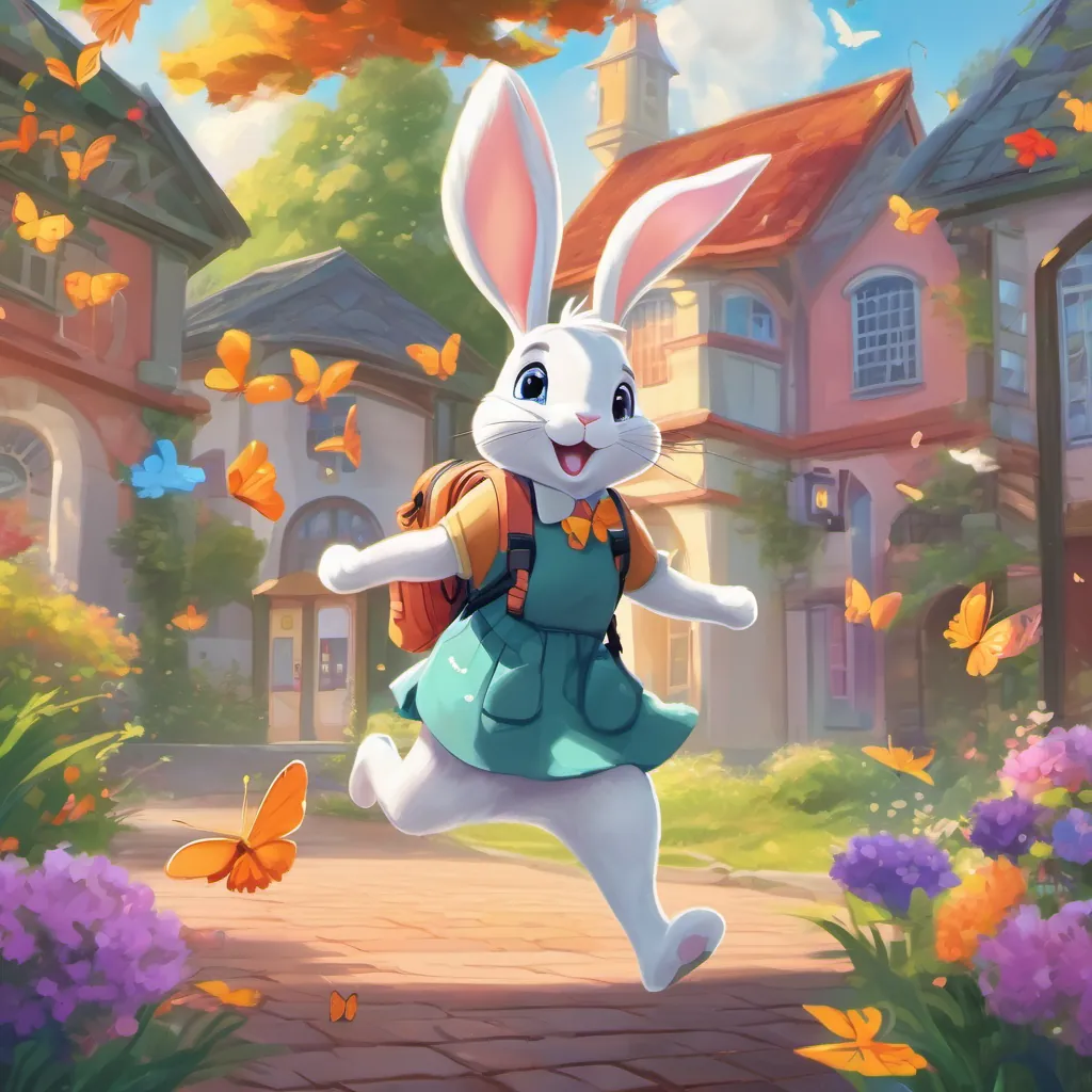 A cheerful bunny with floppy ears, wearing a new backpack and a bright bow, full of energy and excitement hopping excitedly towards a vibrant and colorful school building, with butterflies fluttering around her.