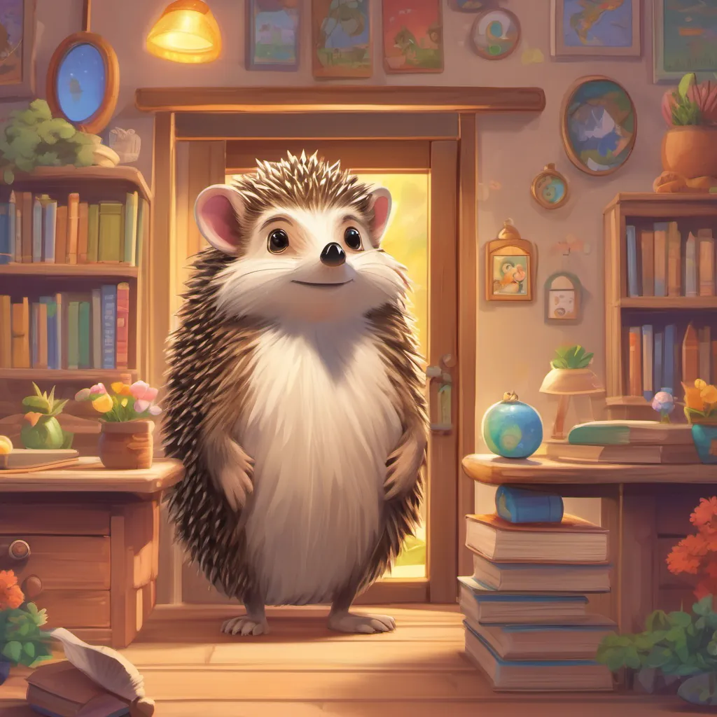 A lively classroom filled with children and animal characters, with An elderly hedgehog with wise eyes, wearing spectacles, and always welcoming, exuding an aura of knowledge and kindness Hedgehog standing by the door, warmly greeting everyone.