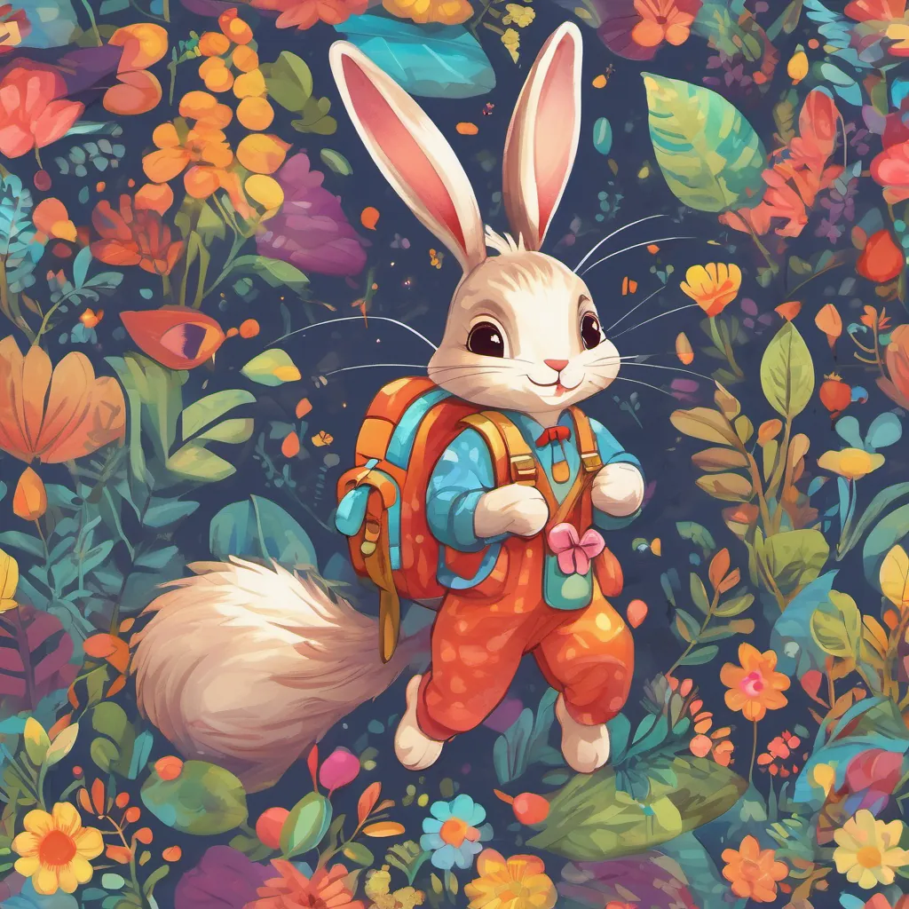 A cheerful bunny with floppy ears, wearing a new backpack and a bright bow, full of energy and excitement laughing and playing with Sammy the Squirrel and A small and colorful ladybug, full of vibrant energy, adding brightness wherever she goes, colorful letters and numbers floating in the background.