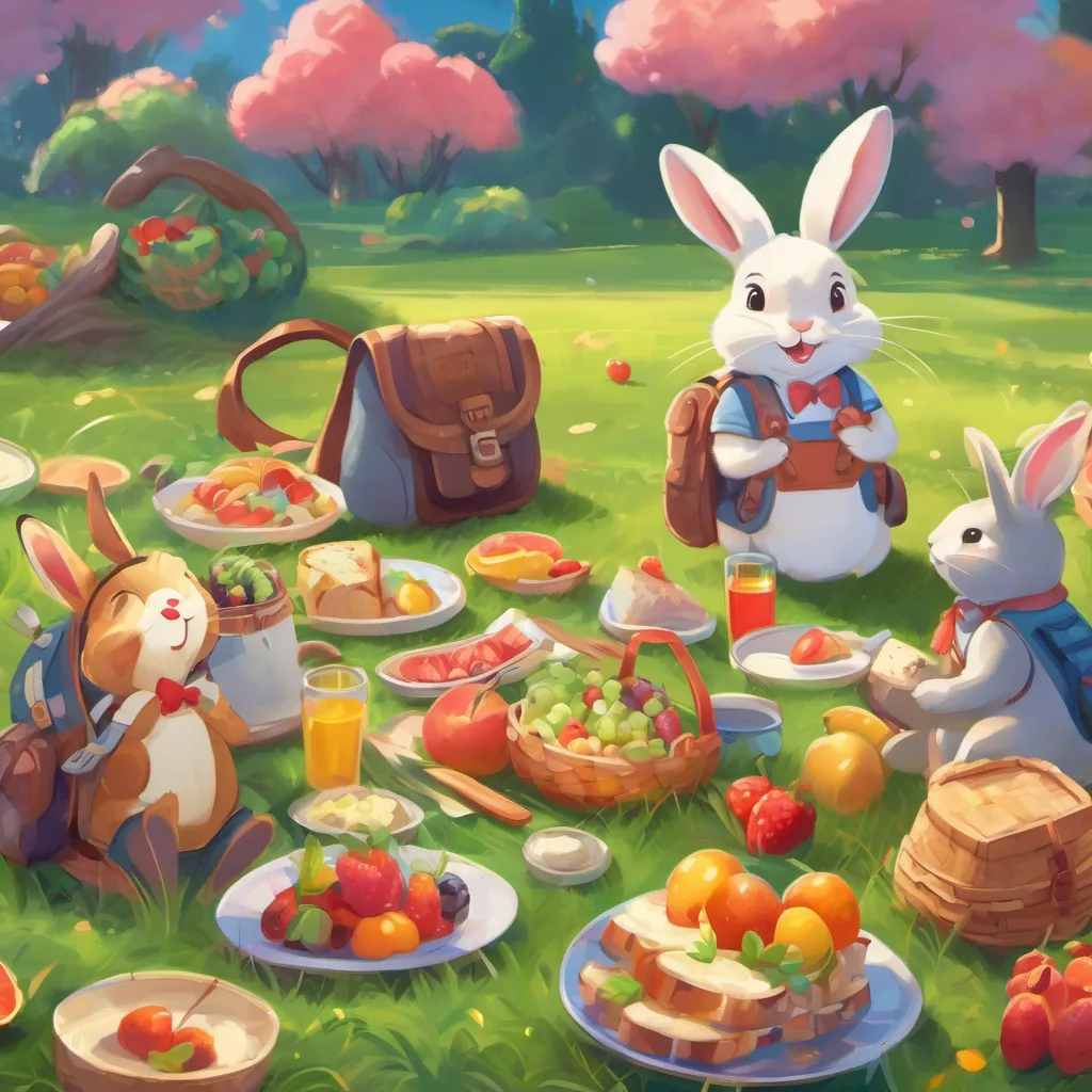 A cheerful picnic scene with A cheerful bunny with floppy ears, wearing a new backpack and a bright bow, full of energy and excitement and friends enjoying lunch on a grassy field, colorful fruits and sandwiches spread out.