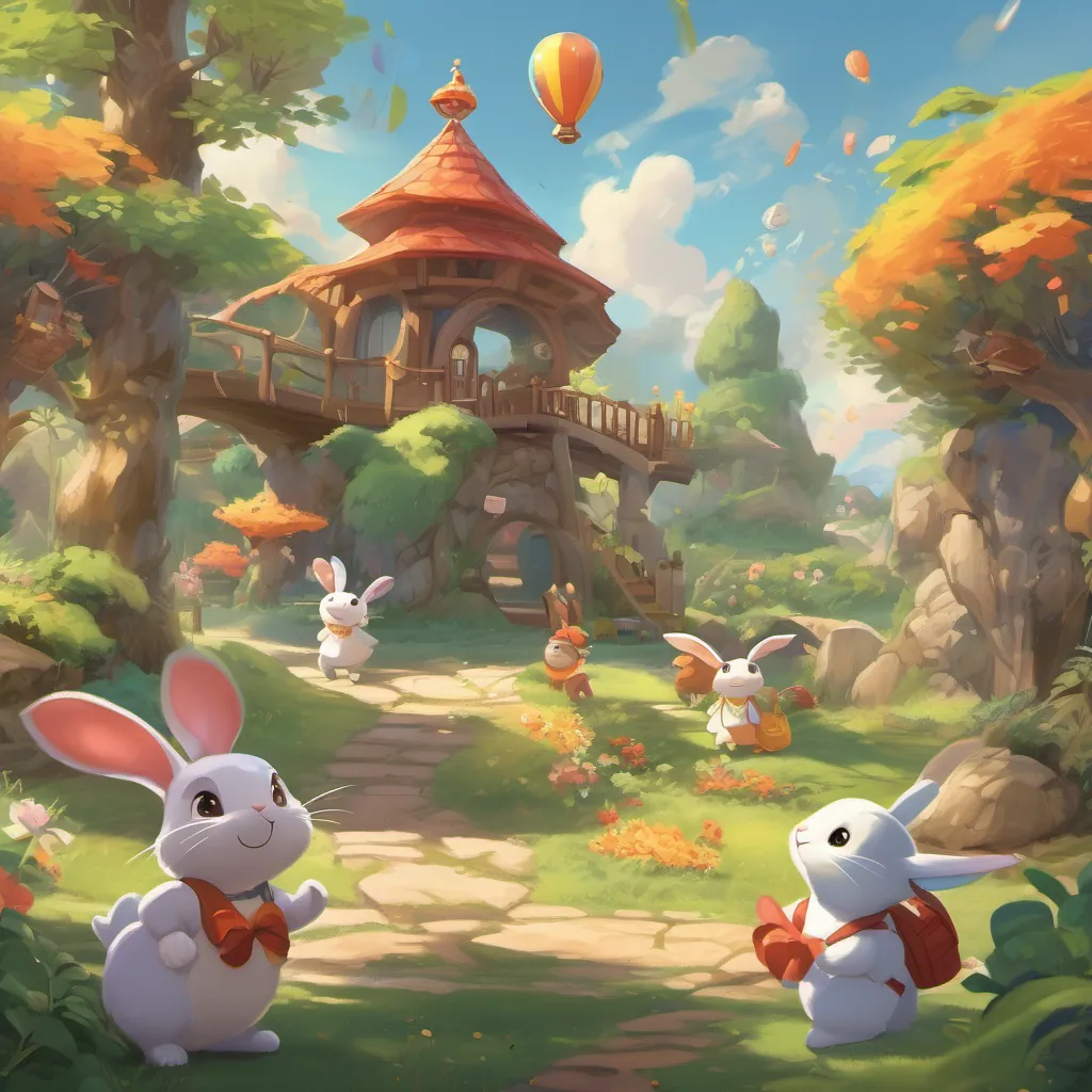 A lively playground with children and critters playing various games, A cheerful bunny with floppy ears, wearing a new backpack and a bright bow, full of energy and excitement pretending to be a dragon, with a big smile on her face.