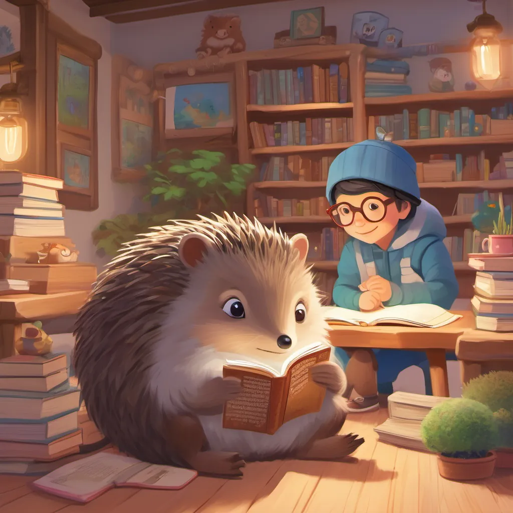 A cozy classroom nook with children and critters sitting quietly, listening intently to An elderly hedgehog with wise eyes, wearing spectacles, and always welcoming, exuding an aura of knowledge and kindness reading a storybook.