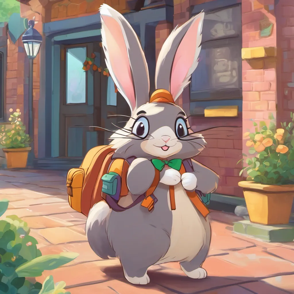 A cheerful bunny with floppy ears, wearing a new backpack and a bright bow, full of energy and excitement waving goodbye to her friends and An elderly hedgehog with wise eyes, wearing spectacles, and always welcoming, exuding an aura of knowledge and kindness, with a big smile, as she walks out of the colorful school building.