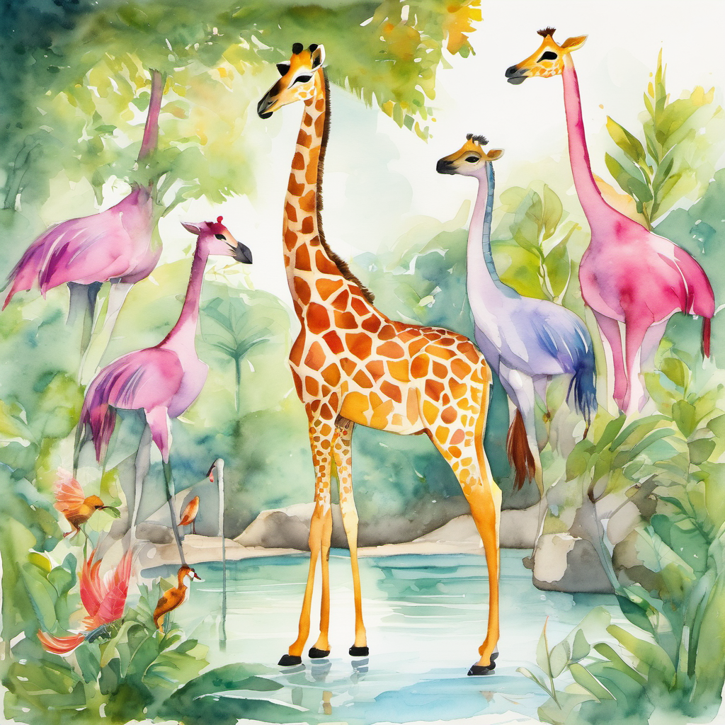 First, they walked through a dense forest, where playful monkeys swung from branch to branch, and colorful birds fluttered above their heads, singing cheerful songs. They could hear the roar of lions and the chitter-chatter of penguins as they explored each corner of the zoo. Zara's eyes lit up when she saw the tall giraffes, gracefully stretching their long necks to pluck leaves from the treetops. She giggled as she watched a flock of flamingos wading through a peaceful pond, their feathers shining bright pink in the sunlight.