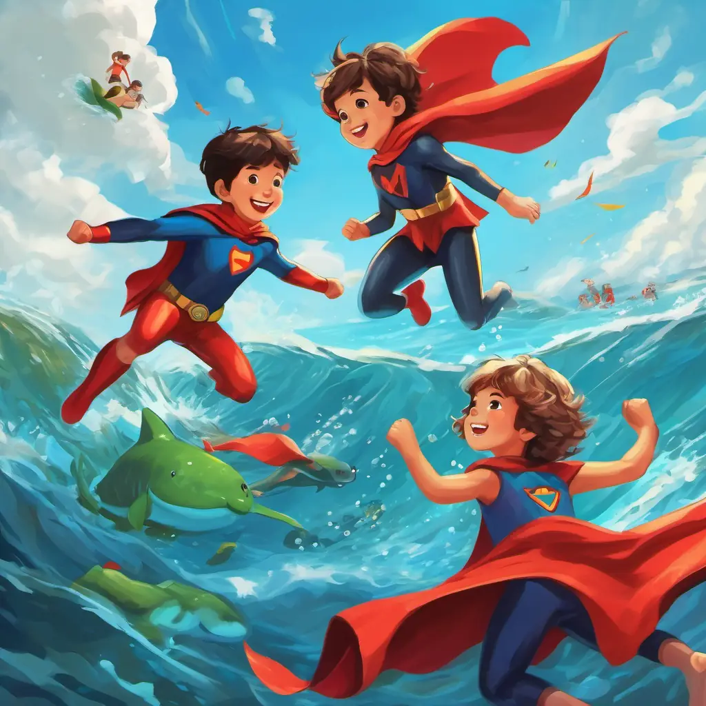 A group of happy Happy children wearing superhero capes, ready to save the earth wearing superhero capes, diving into the water to save the earth.