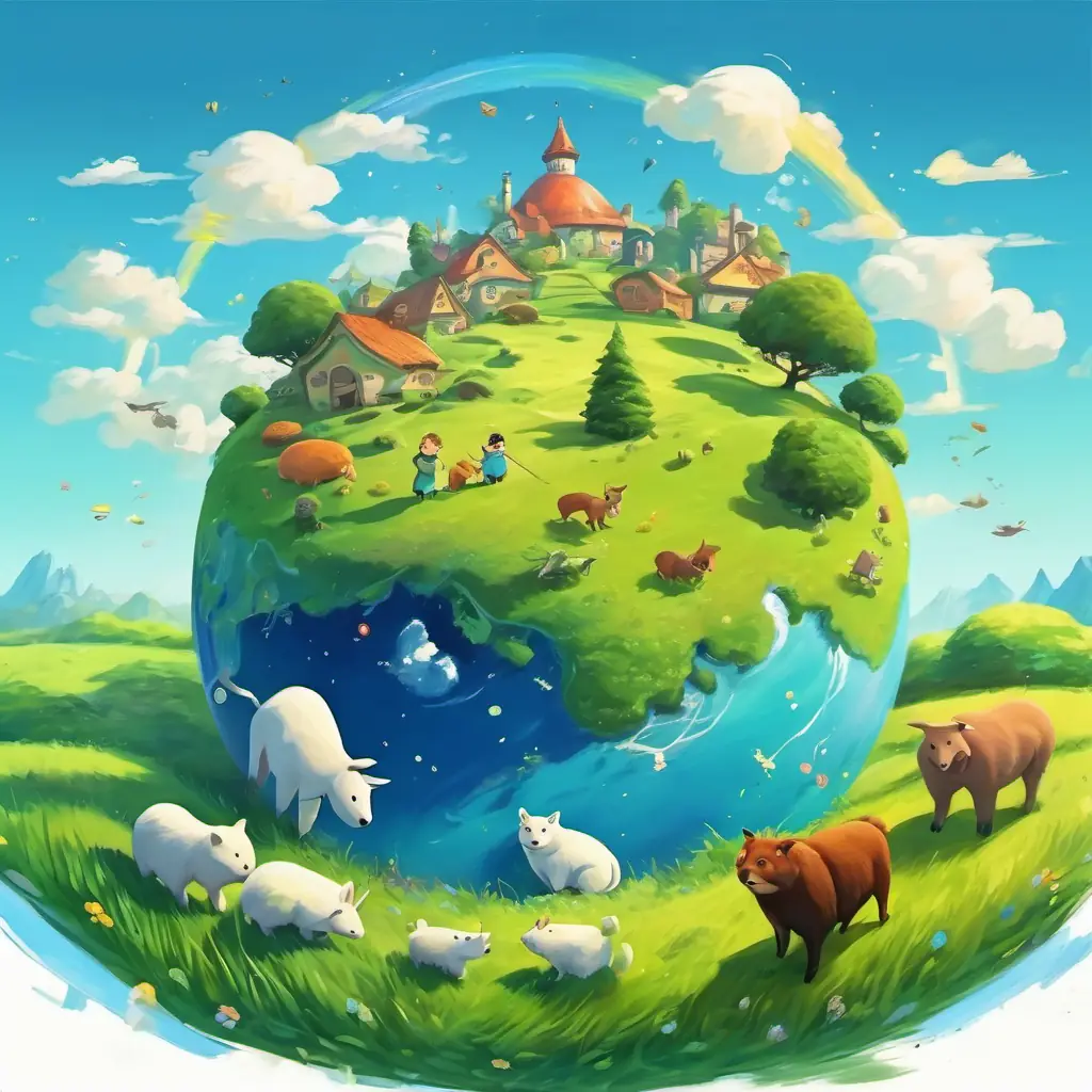 The little earth surrounded by green grass, blue skies, and happy animals celebrating.