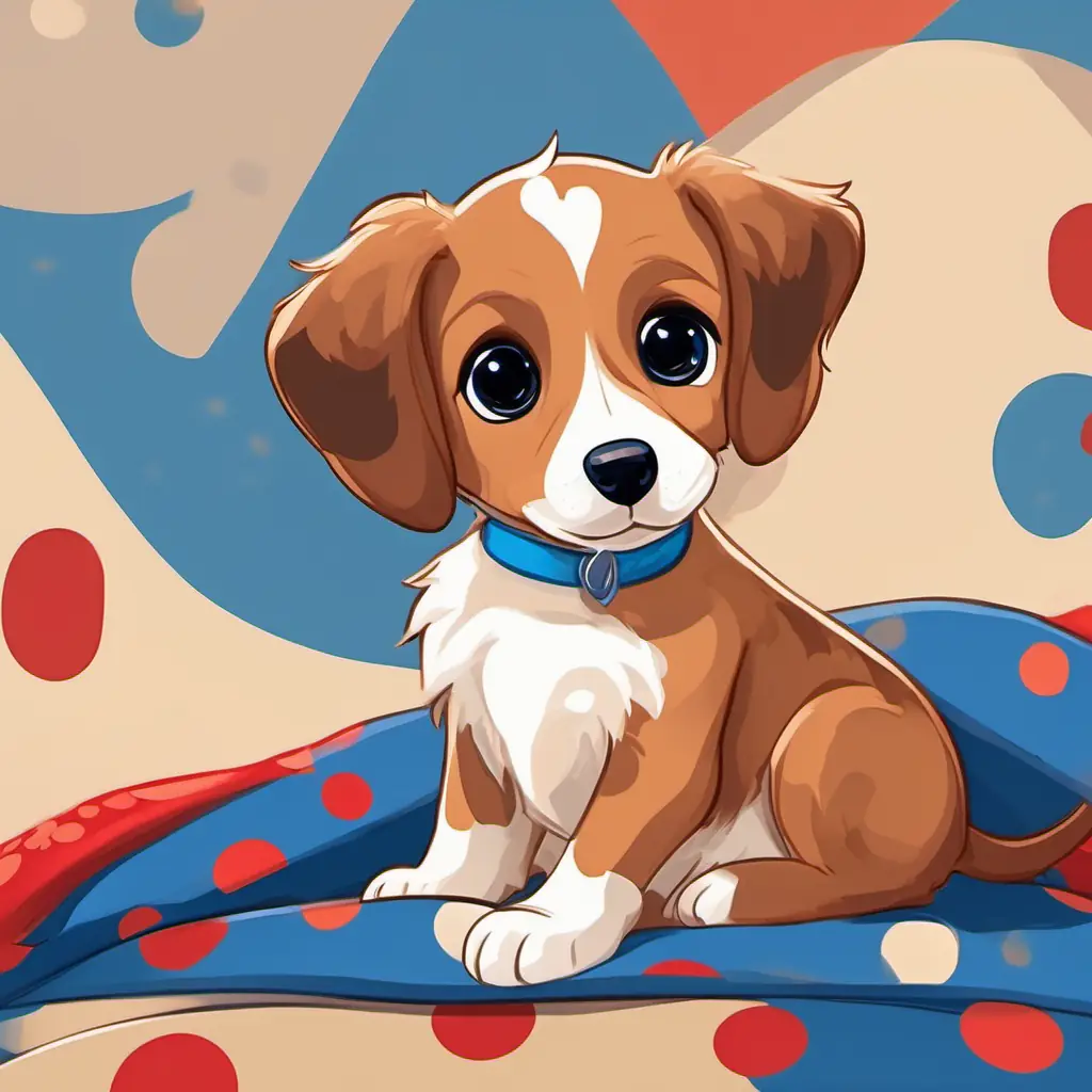 Cute brown puppy, big bright eyes, wagging tail's bright blue bed with red polka dots, Cute brown puppy, big bright eyes, wagging tail the puppy with a wagging tail and a determined look on his face