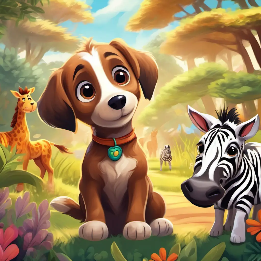 Cute brown puppy, big bright eyes, wagging tail dashing past the zebras, colorful zoo animals all around
