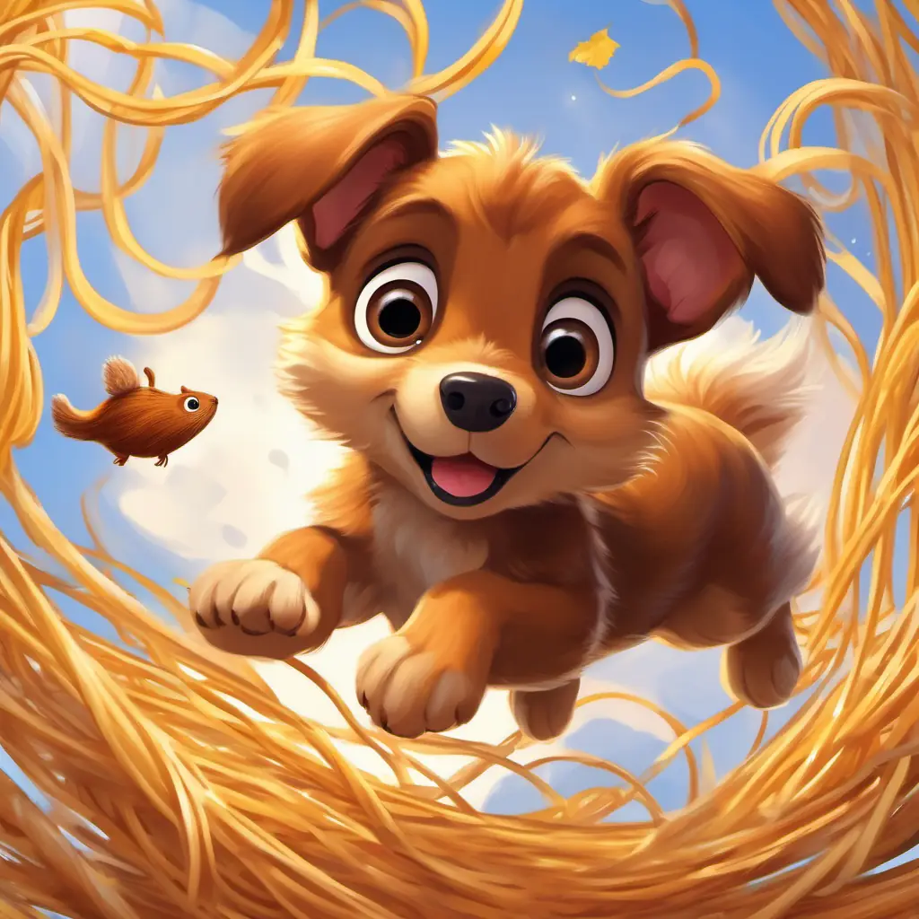 Cute brown puppy, big bright eyes, wagging tail rescuing the squirrel from the spaghetti tangle, flying spaghetti strands in the air