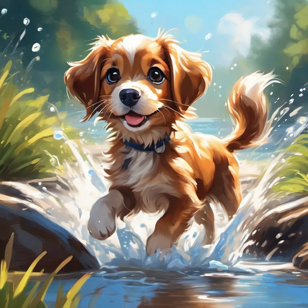 Cute brown puppy, big bright eyes, wagging tail frolicking in the streams, water splashing and shining in the sunlight