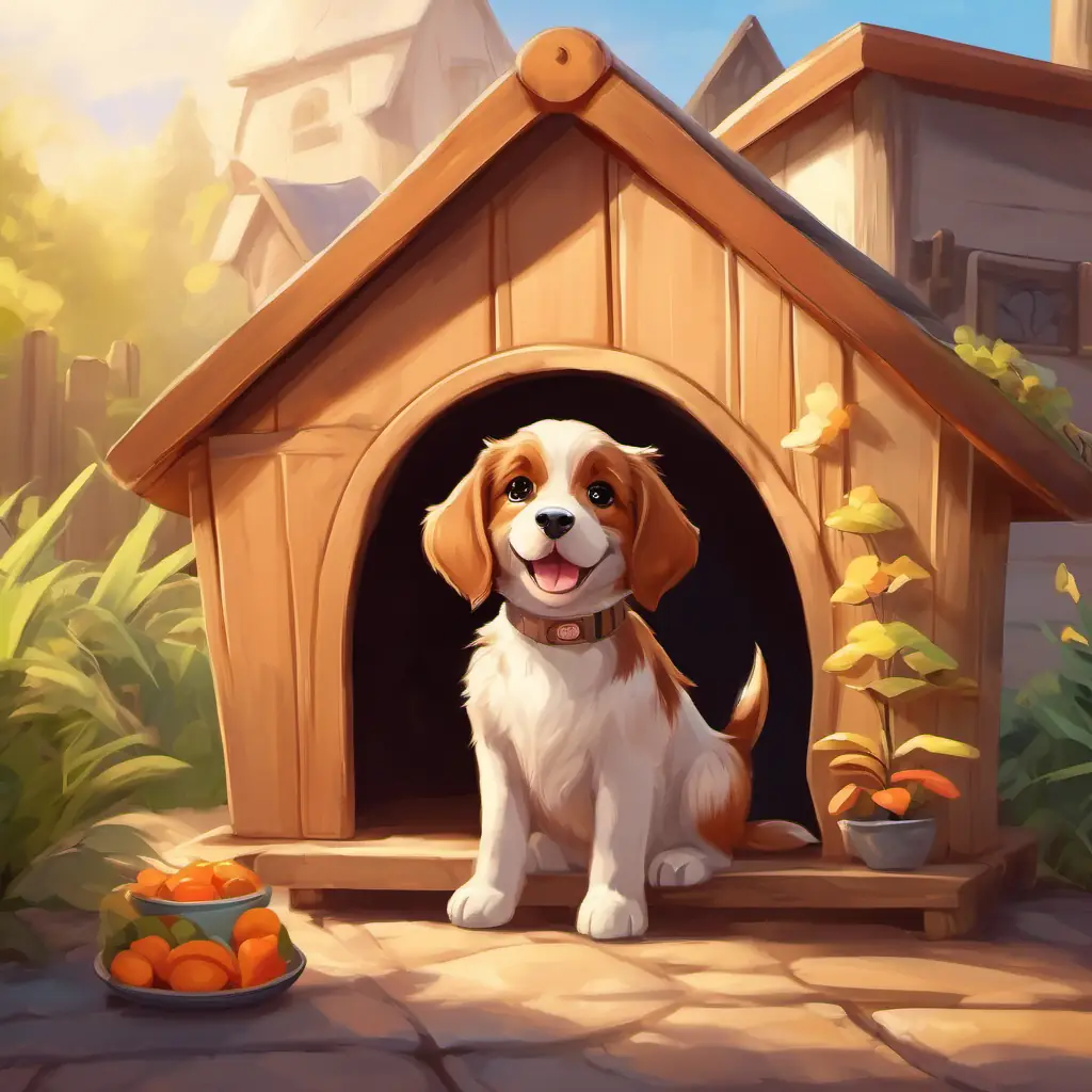 Cute brown puppy, big bright eyes, wagging tail happily munching on a treat, cozy and content in his doghouse