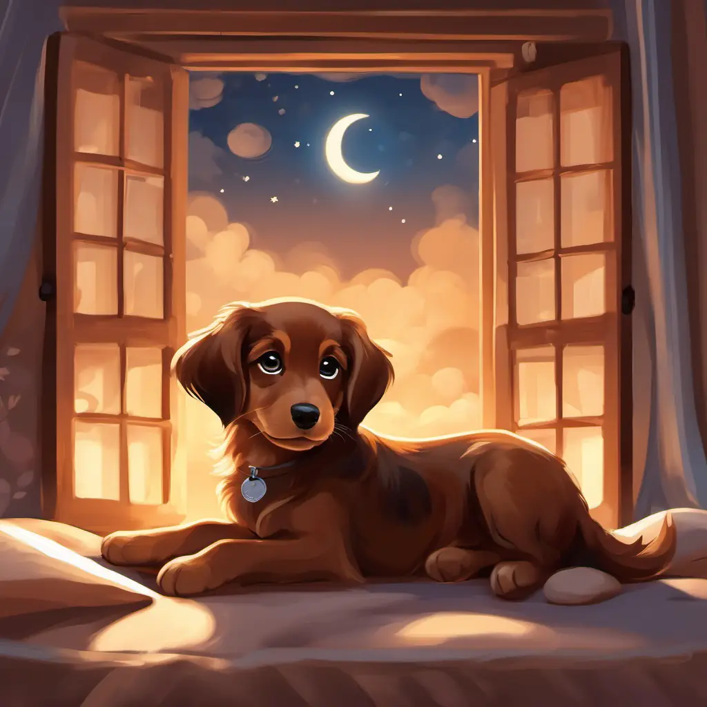 Cute brown puppy, big bright eyes, wagging tail snuggled up in his bed, the moon shining through the window