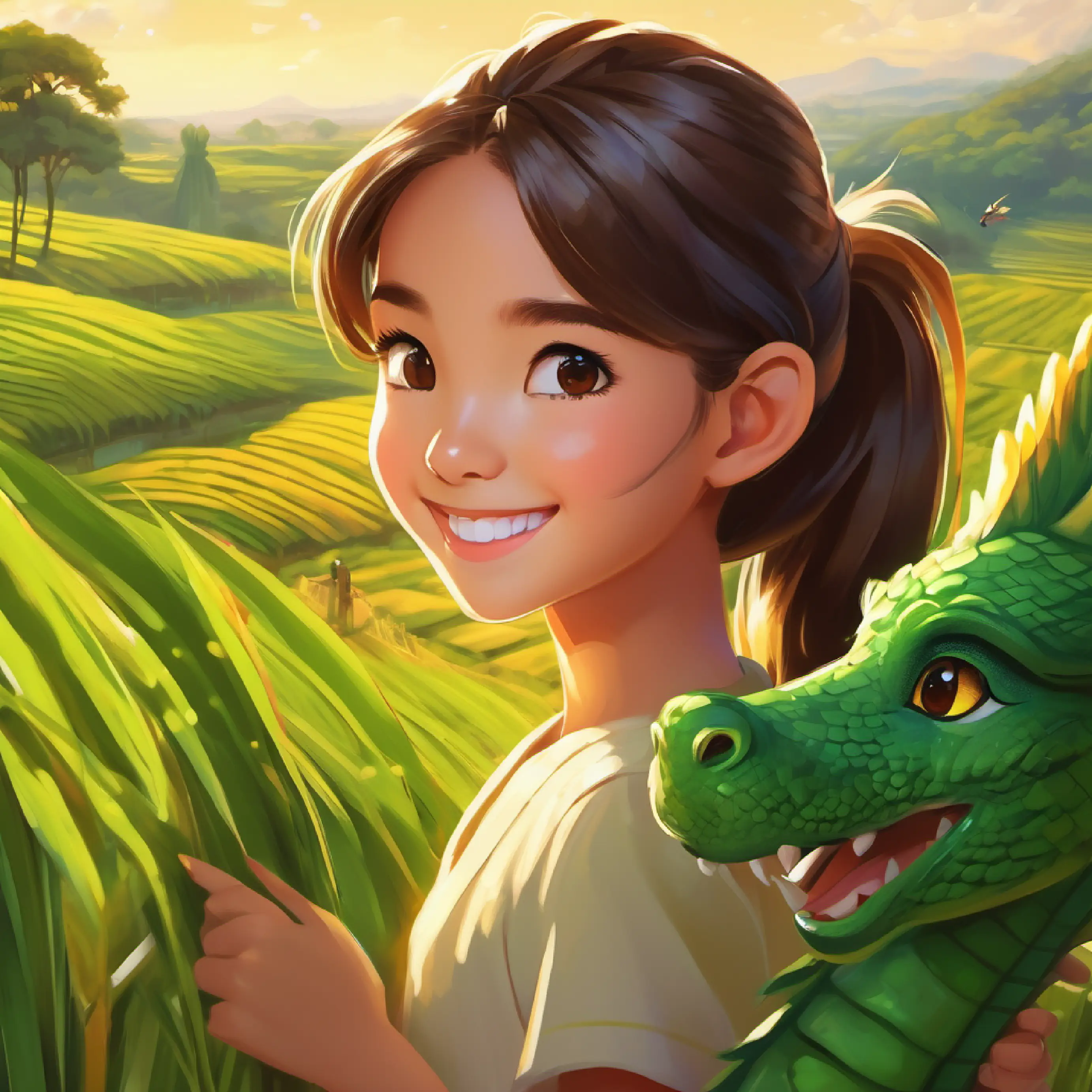 Young girl, ponytail, brown eyes, wide smile at home with Green stuffed dragon, golden eyes, looks brave, looking at sunny rice fields