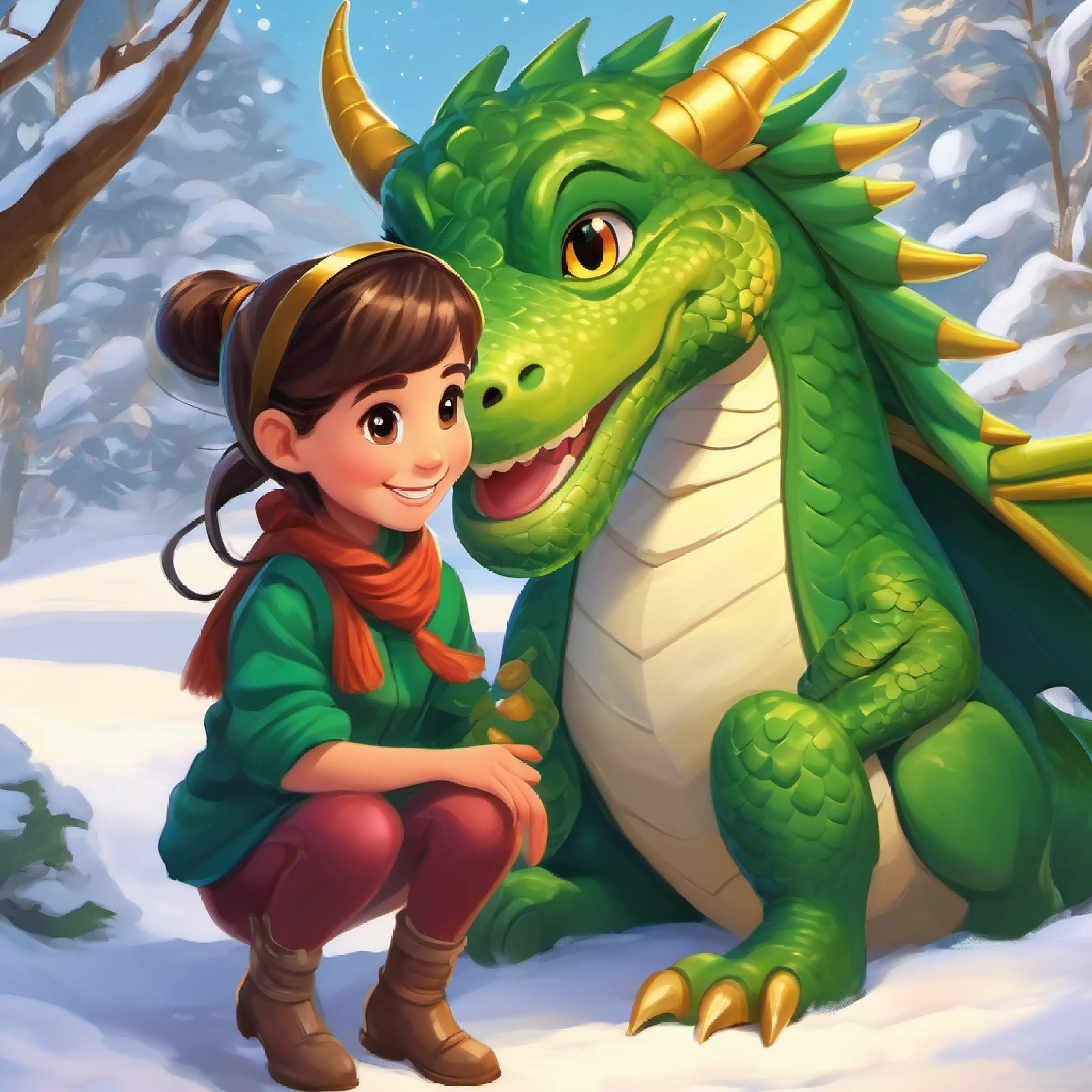 Young girl, ponytail, brown eyes, wide smile proposing adventure, imaginative interaction with Green stuffed dragon, golden eyes, looks brave