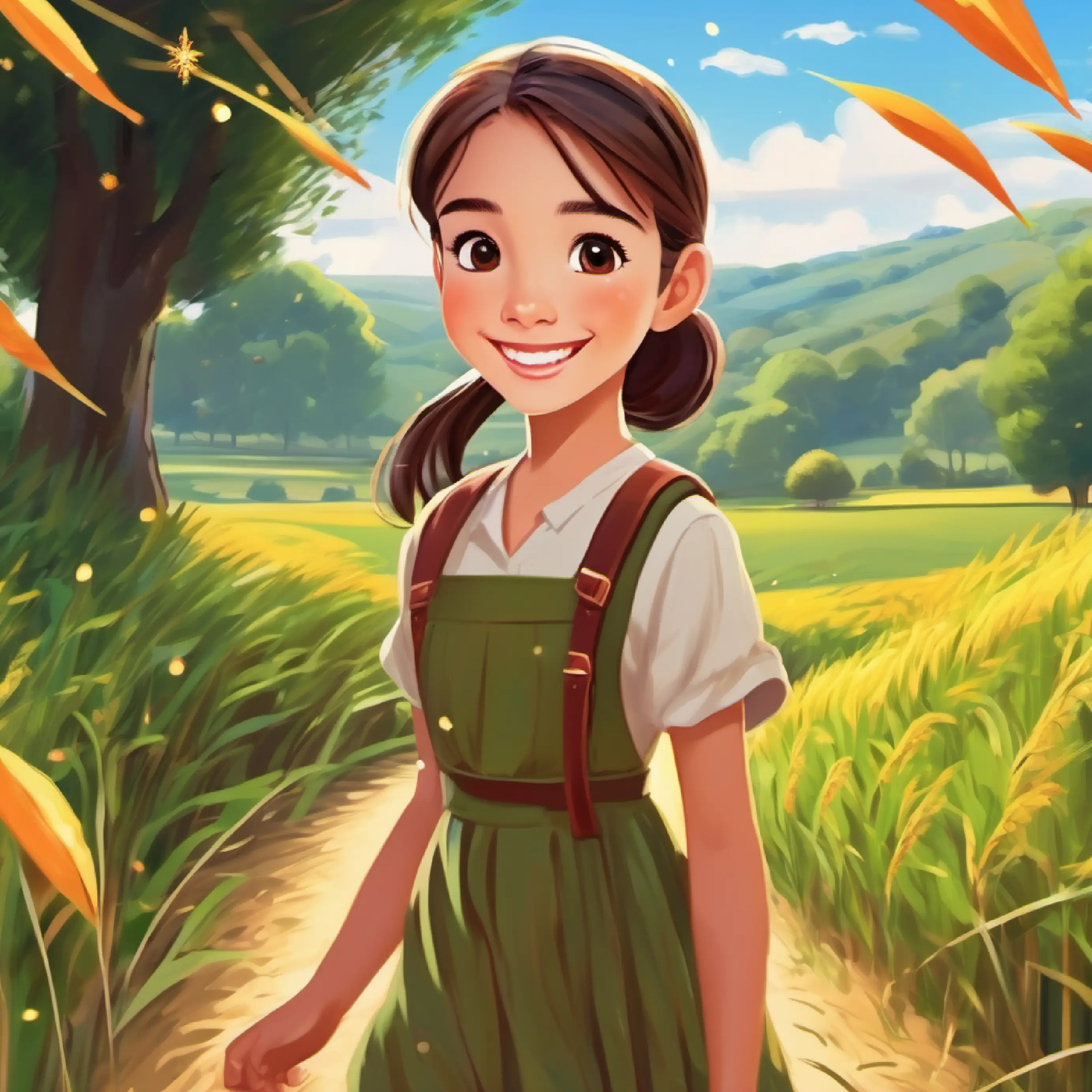 Young girl, ponytail, brown eyes, wide smile stepping into the fields, nature's invitation