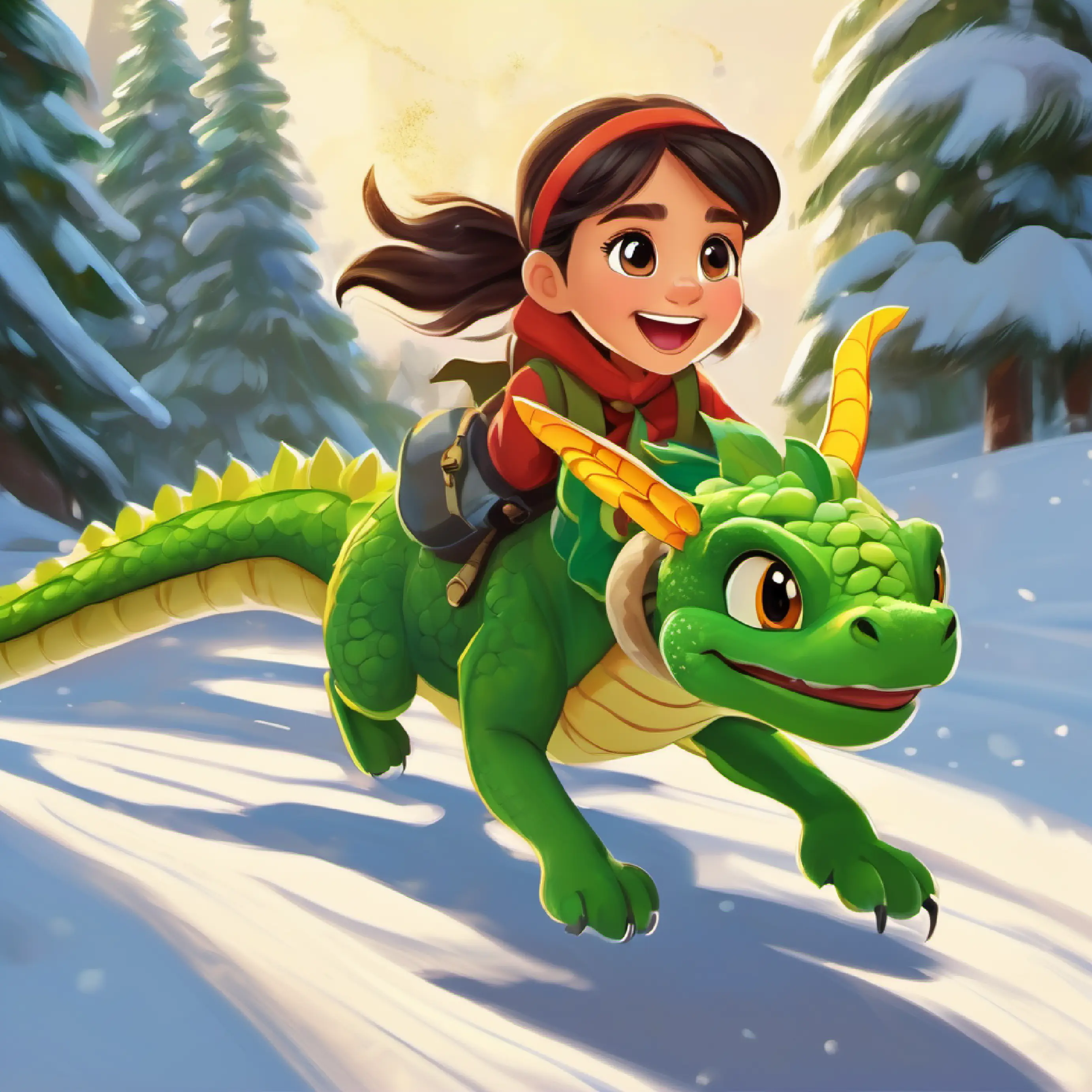 Chase begins, Young girl, ponytail, brown eyes, wide smile and Green stuffed dragon, golden eyes, looks brave run after the dragonfly.