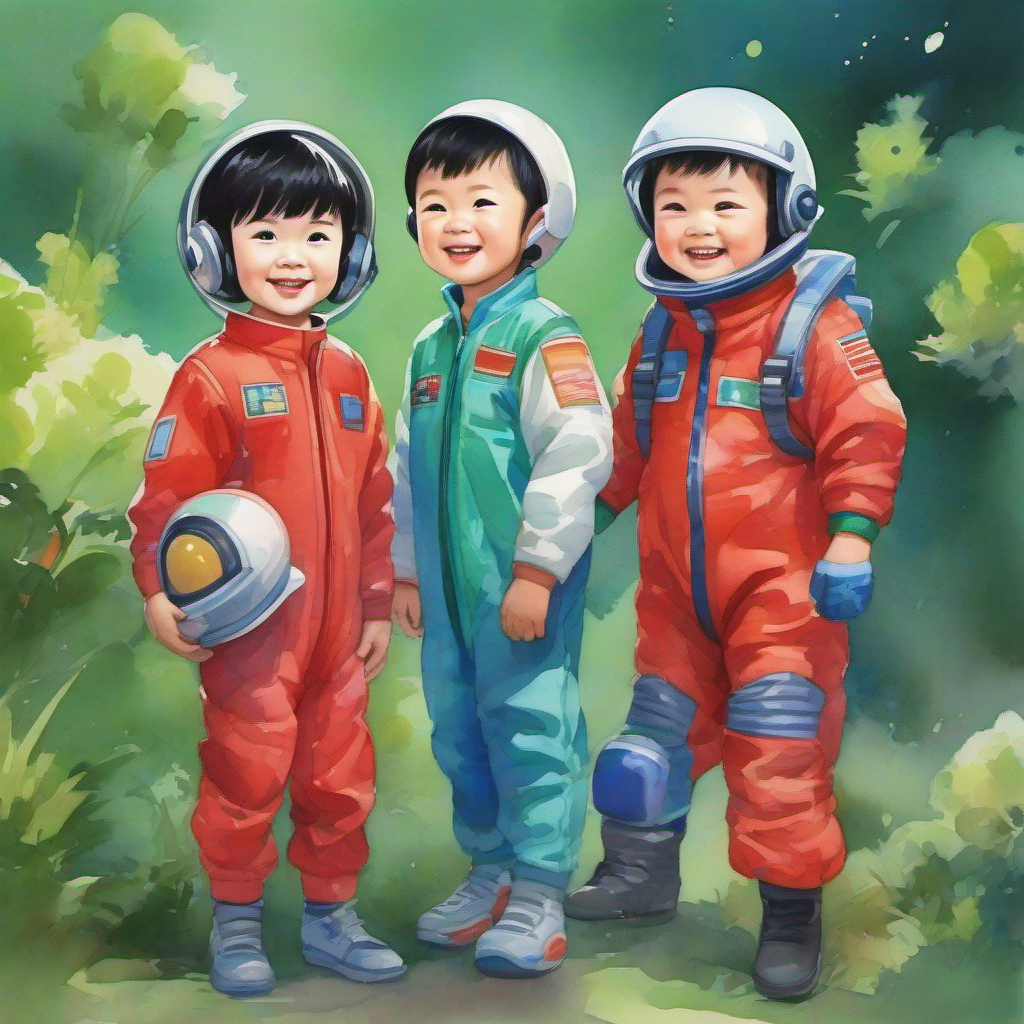 Chinese lady, black short hair, smiling and wearing colorful clothes, Little boy, black short hair, wearing a red shirt and blue pants, Little baby boy, black short hair, wearing a cute green onesie in spacesuits with helmets