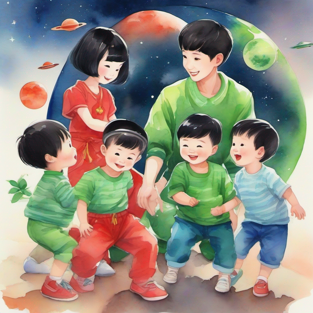 Chinese lady, black short hair, smiling and wearing colorful clothes, Little boy, black short hair, wearing a red shirt and blue pants, Little baby boy, black short hair, wearing a cute green onesie meeting green aliens on a planet