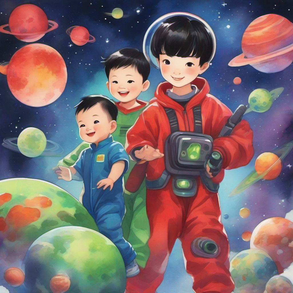 Chinese lady, black short hair, smiling and wearing colorful clothes, Little boy, black short hair, wearing a red shirt and blue pants, Little baby boy, black short hair, wearing a cute green onesie floating with aliens in space