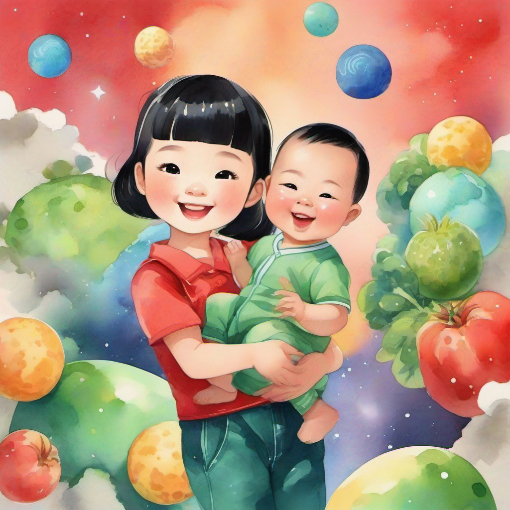 Chinese lady, black short hair, smiling and wearing colorful clothes, Little boy, black short hair, wearing a red shirt and blue pants, Little baby boy, black short hair, wearing a cute green onesie with moon rocks and space fruits