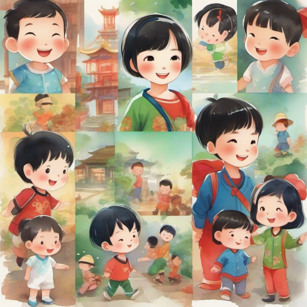 Chinese lady, black short hair, smiling and wearing colorful clothes, Little boy, black short hair, wearing a red shirt and blue pants, Little baby boy, black short hair, wearing a cute green onesie flying back home with stories