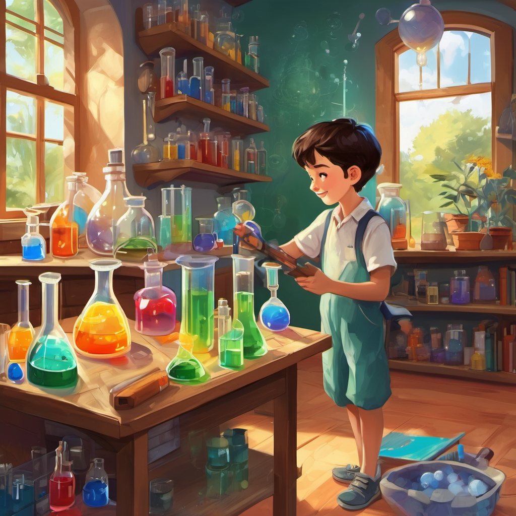Once upon a time, in a small neighborhood lived a curious and imaginative young boy named Carter. Carter loved science and was always eager to learn new things. His room was filled with test tubes, beakers, and a small chemistry set that he used to create exciting experiments. One sunny day, while Carter’s parents were busy with their work, he decided to create a special chemical concoction. He had read about different reactions in his science books and was excited to try them out himself. Carter carefully gathered colorful liquids and powders from his collection and arranged them on the table, ready to create his magical potion.