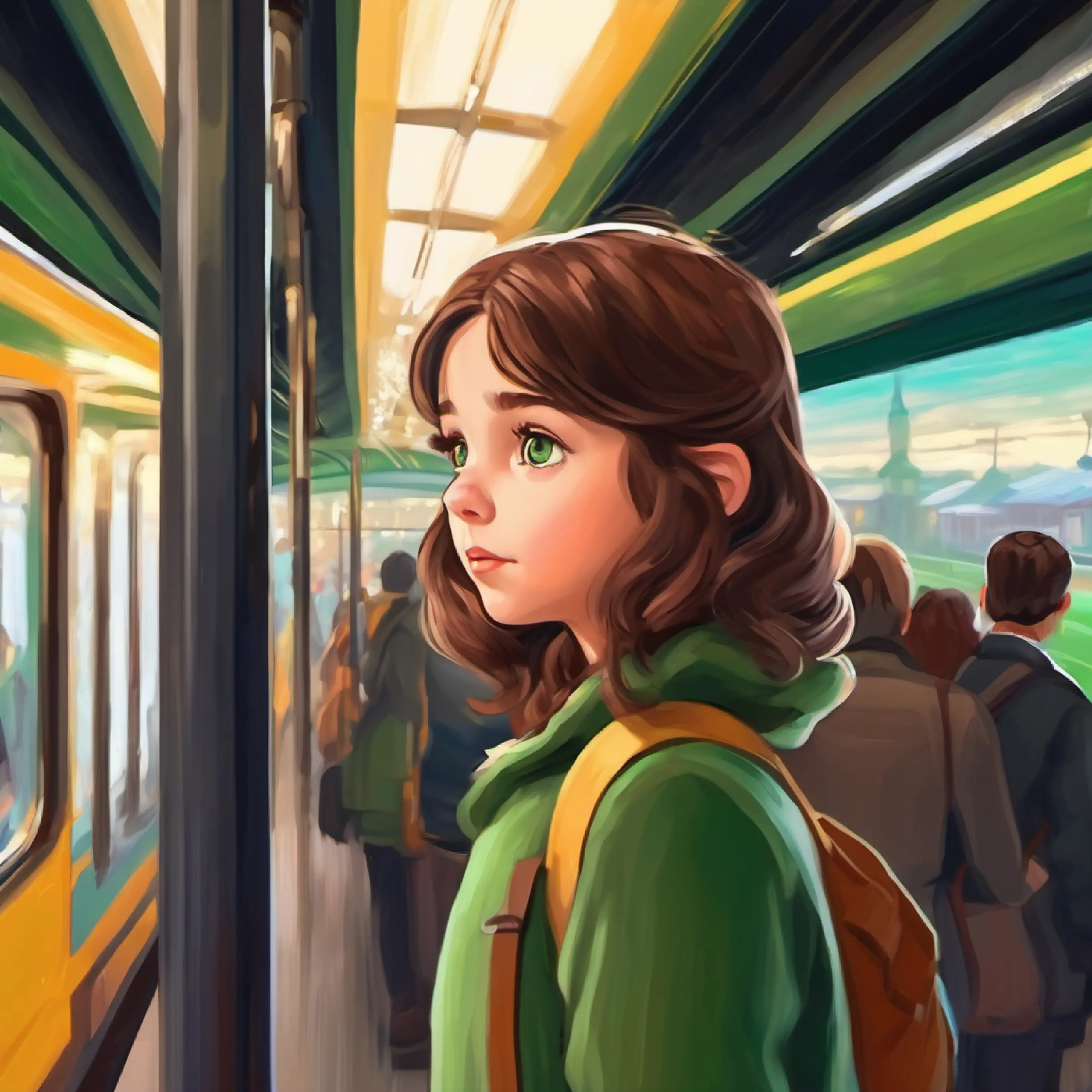 A young girl with brown hair and curious green eyes at station observing the arriving train.