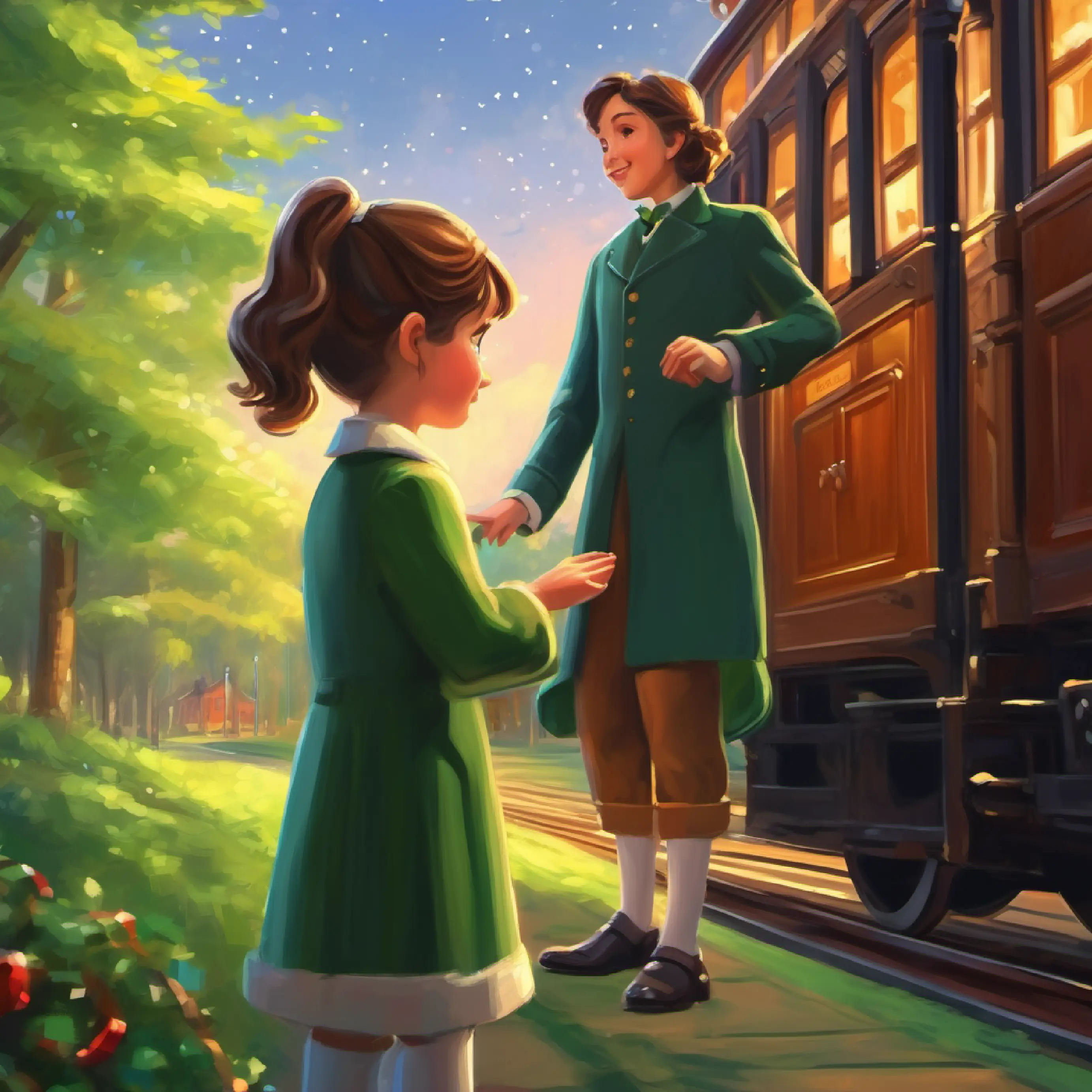 A young girl with brown hair and curious green eyes saying farewells to her new friend and the conductor.