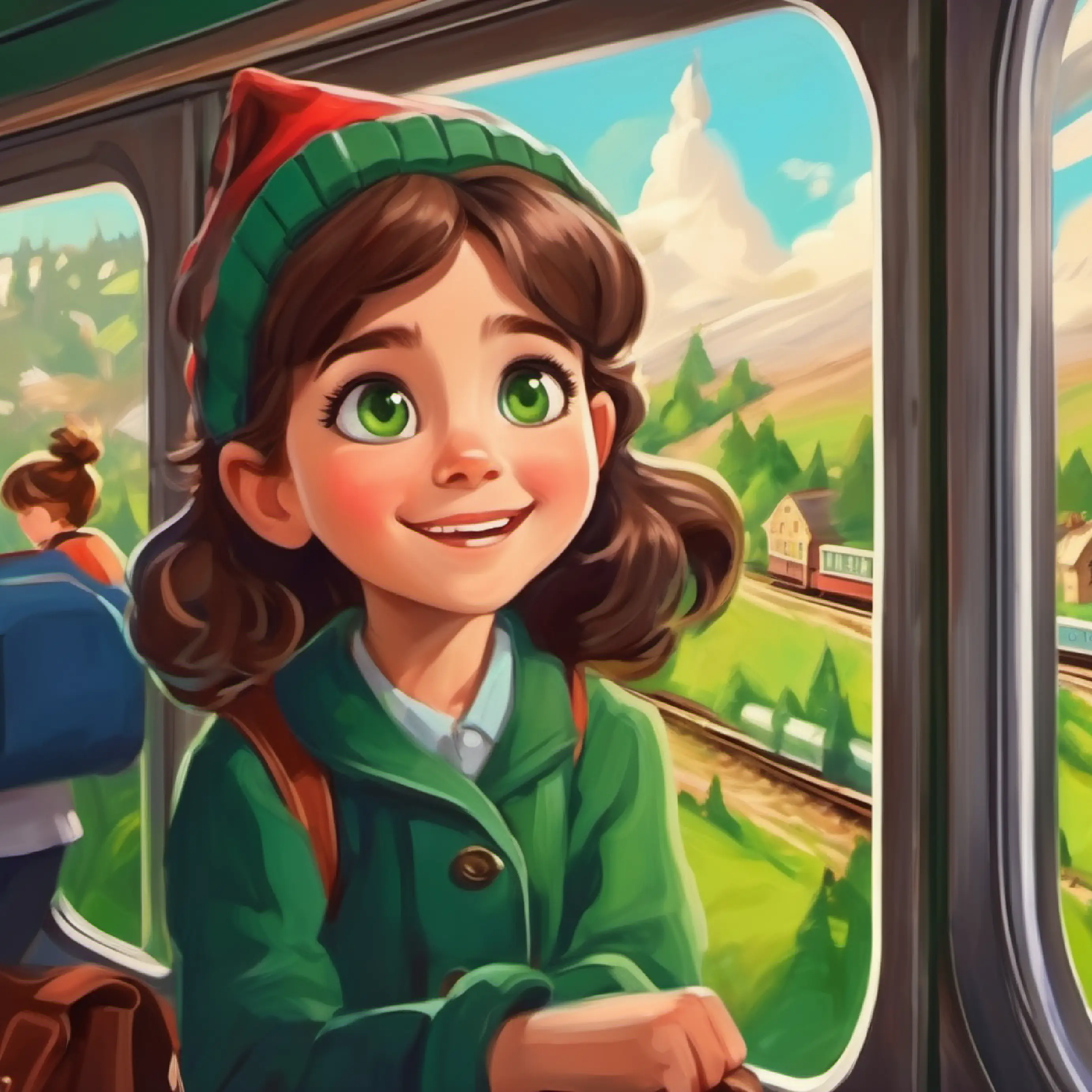 A young girl with brown hair and curious green eyes excited to share her train adventure with her dad.