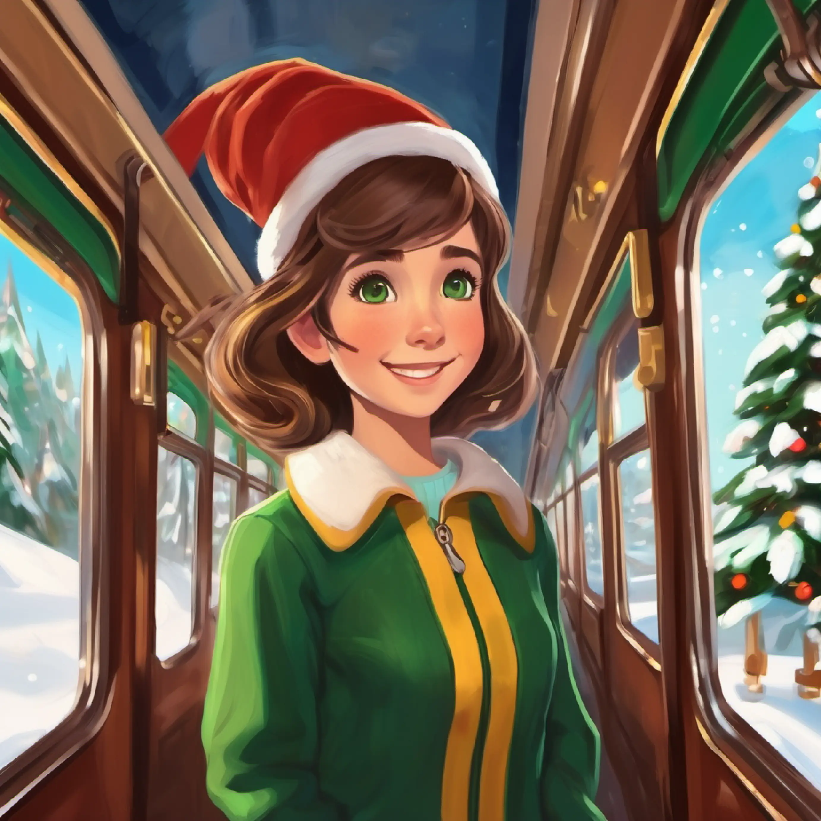 Train starting its journey, A young girl with brown hair and curious green eyes's excitement growing.