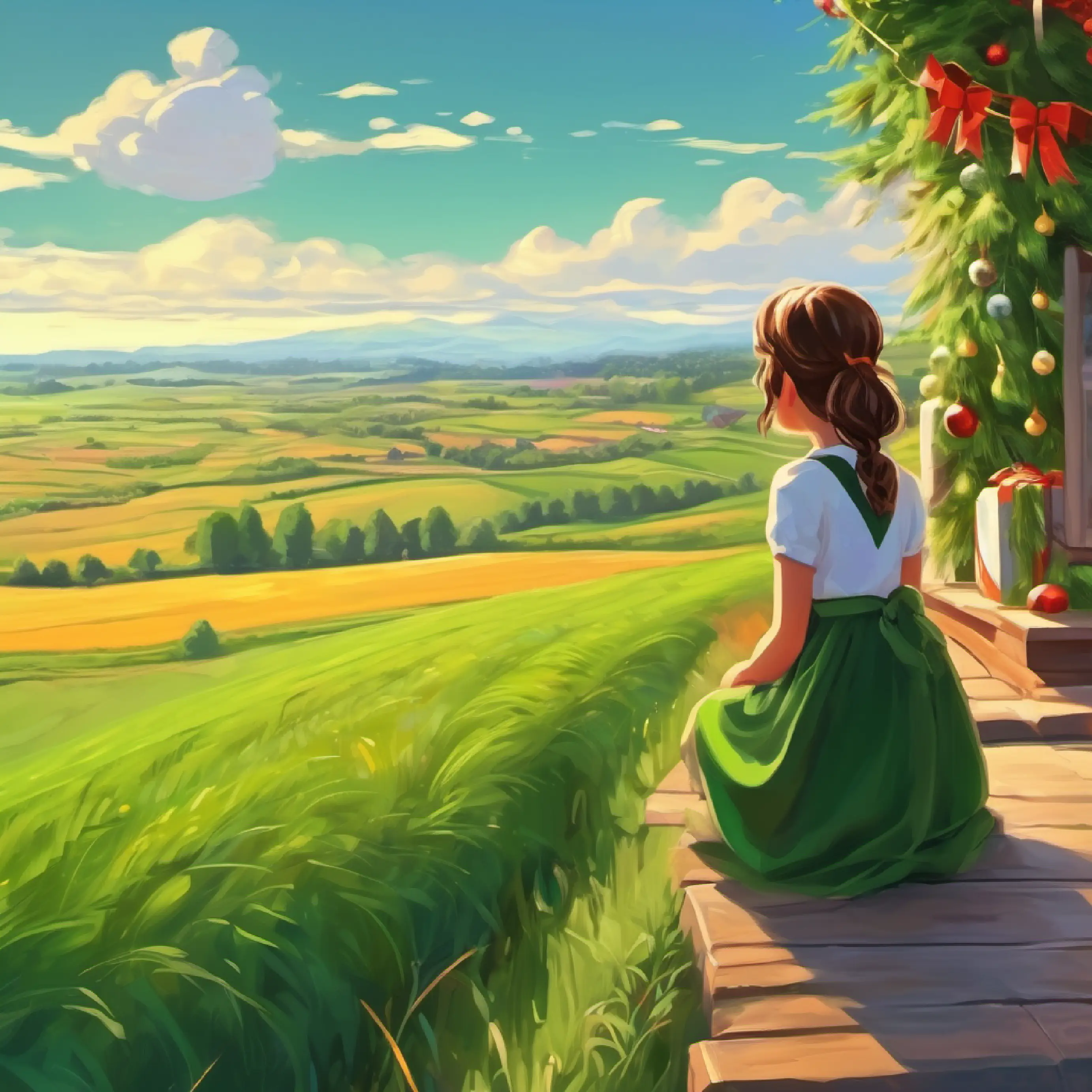 A young girl with brown hair and curious green eyes enjoying the view of the passing countryside.