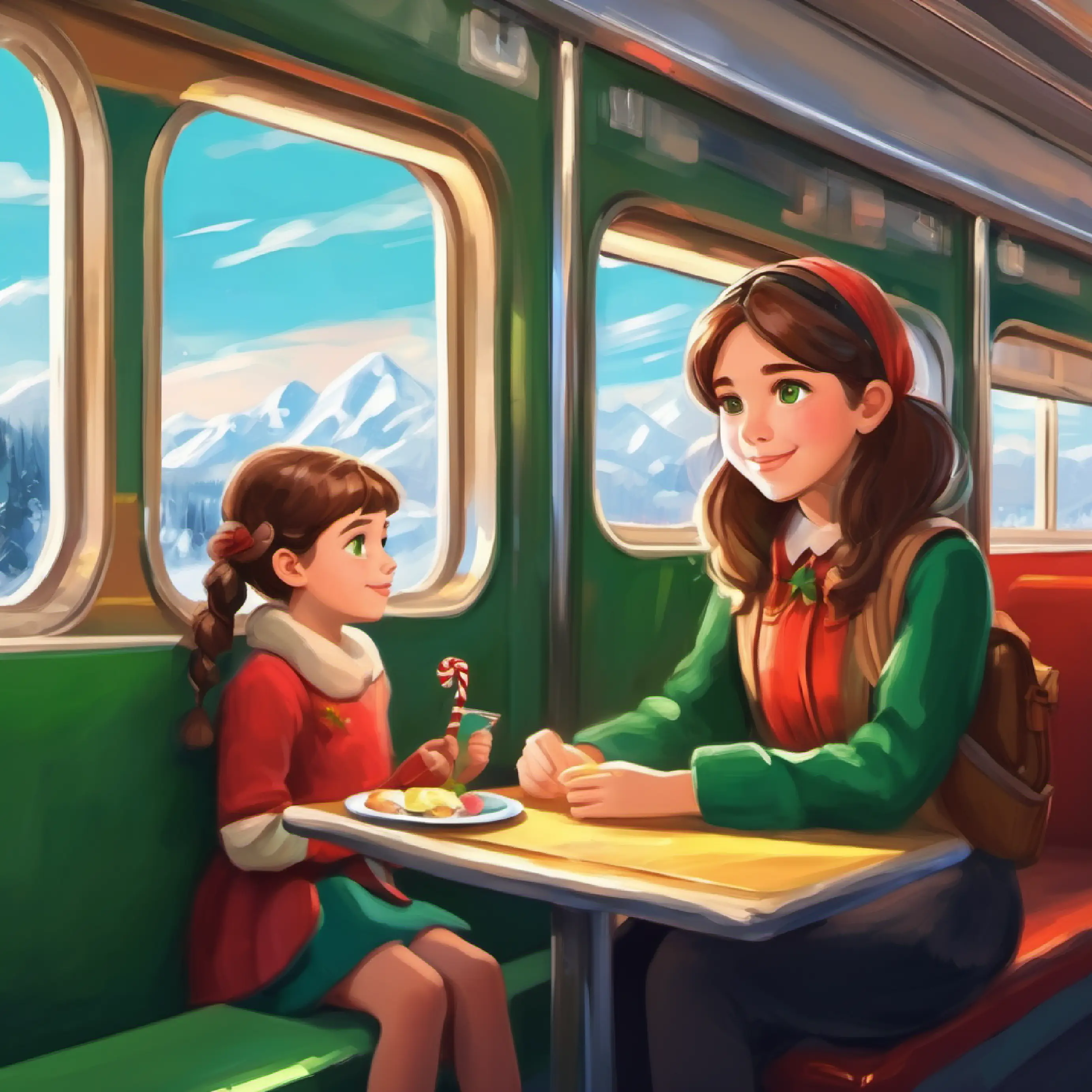 A young girl with brown hair and curious green eyes making a new friend on the train.