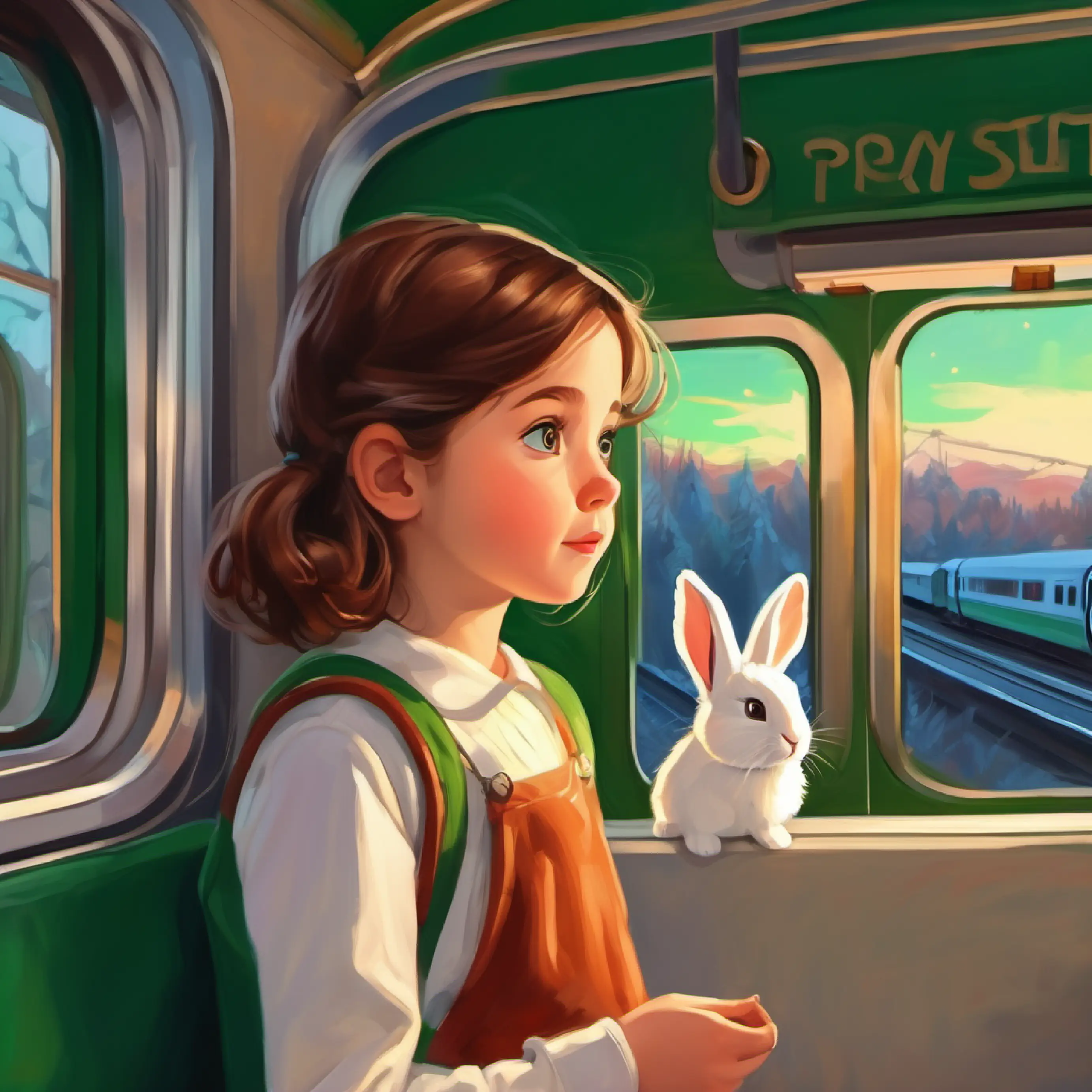 A young girl with brown hair and curious green eyes spotting a bunny outside the train window.