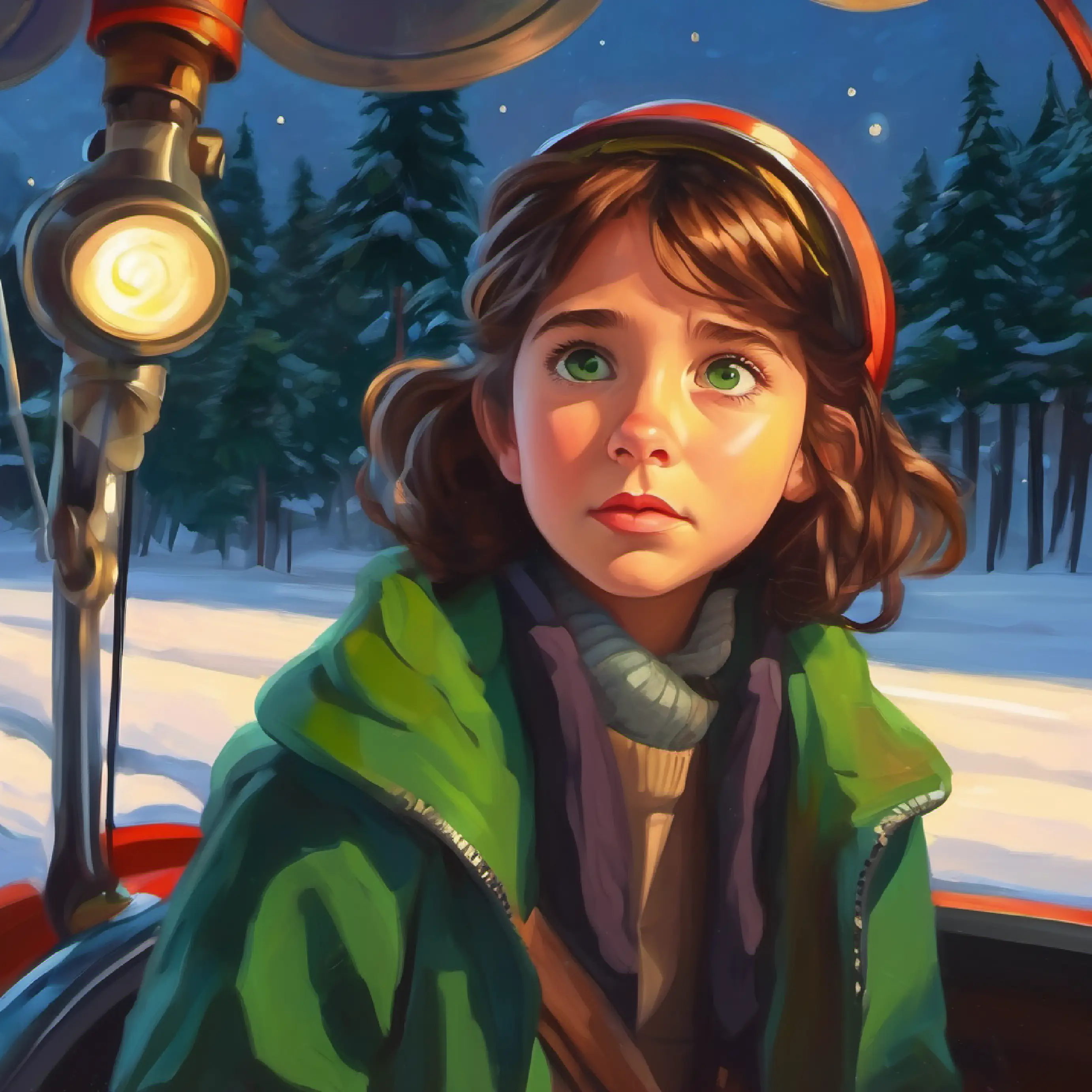 A young girl with brown hair and curious green eyes feeling a mix of sadness and gratitude as the ride ends.