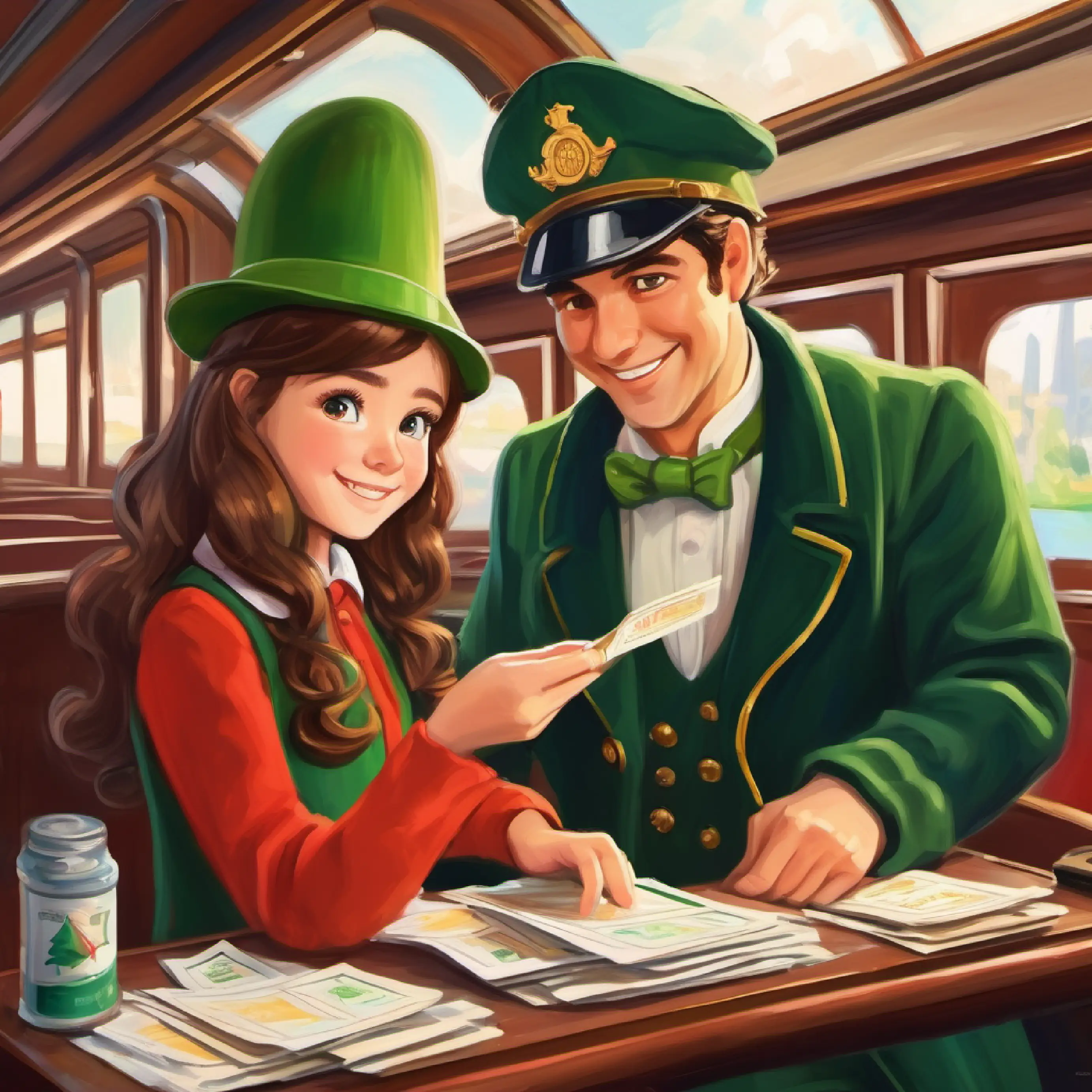A young girl with brown hair and curious green eyes with train conductor checked their tickets with a friendly smile. 'All aboard!'